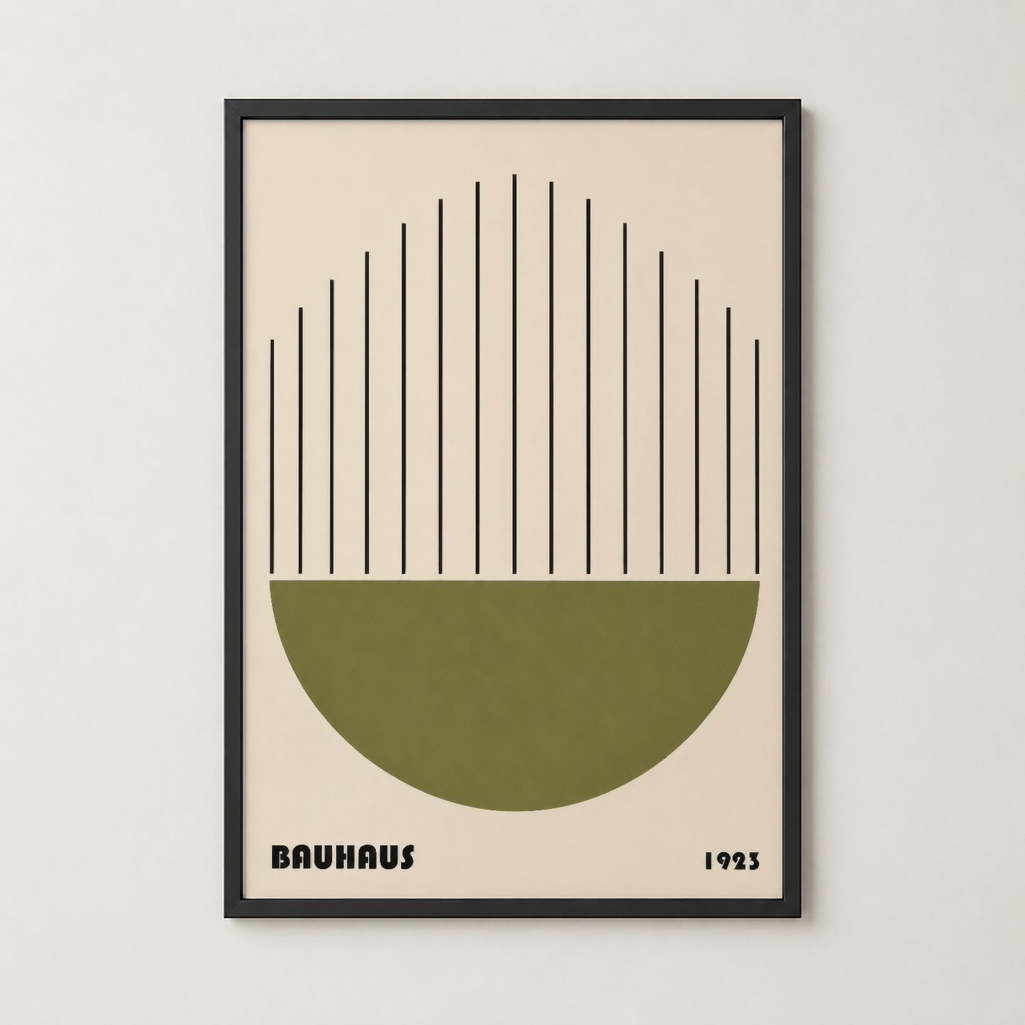 Bauhaus posteri siyah çerçevede, minimalist yeşil ve siyah geometrik tasarım.