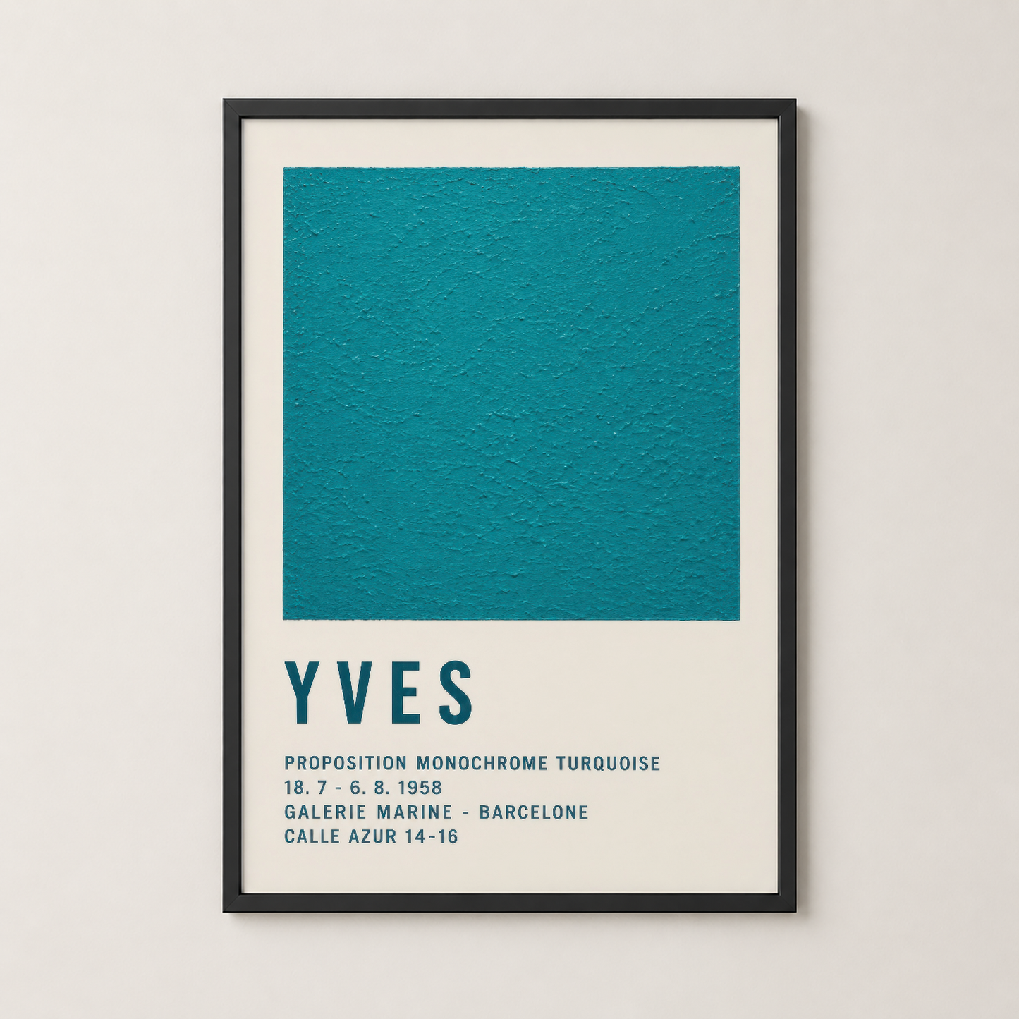 Siyah çerçeveli Yves sanat posteri, vintage galeri afişi stilinde turkuaz renk kompozisyonu