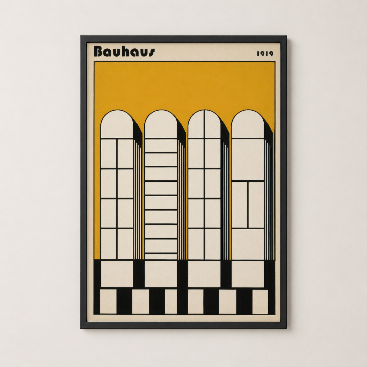 Bauhaus tasarımı pencereleri gösteren tablo, siyah çerçeveli, modern minimalist iç dekorasyonlar için ideal.