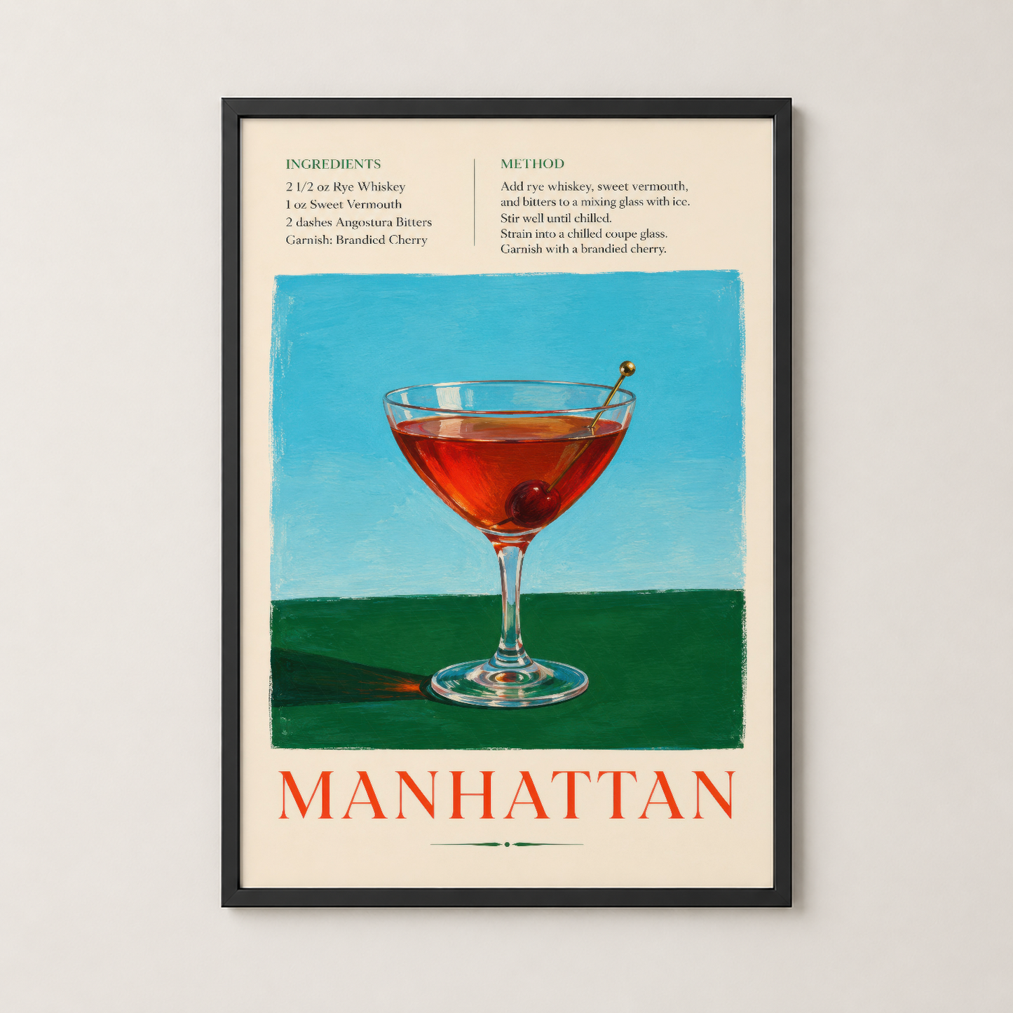 Manhattan kokteli tasarımlı duvar tablosu siyah çerçevede, retro bar sanatı ve içecek tarifi.