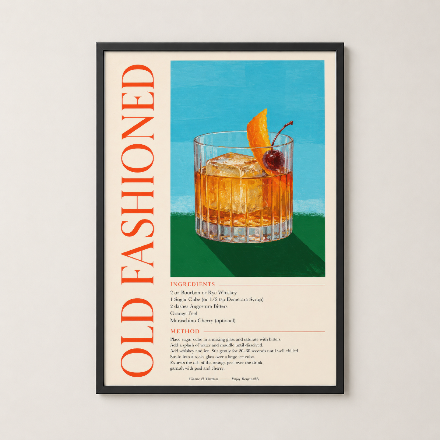 Old Fashioned kokteli posterinin siyah çerçeveli dekoratif duvar tablosu