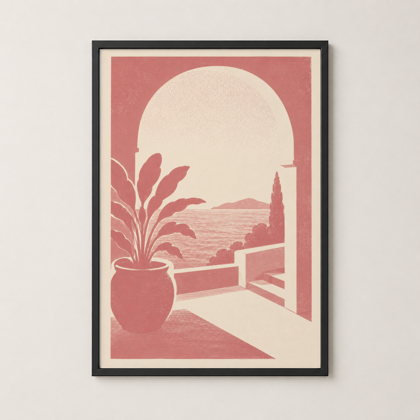 Siyah çerçeveli, gün batımı sahne ve bitki motifleriyle klasik retro duvar tablosu.