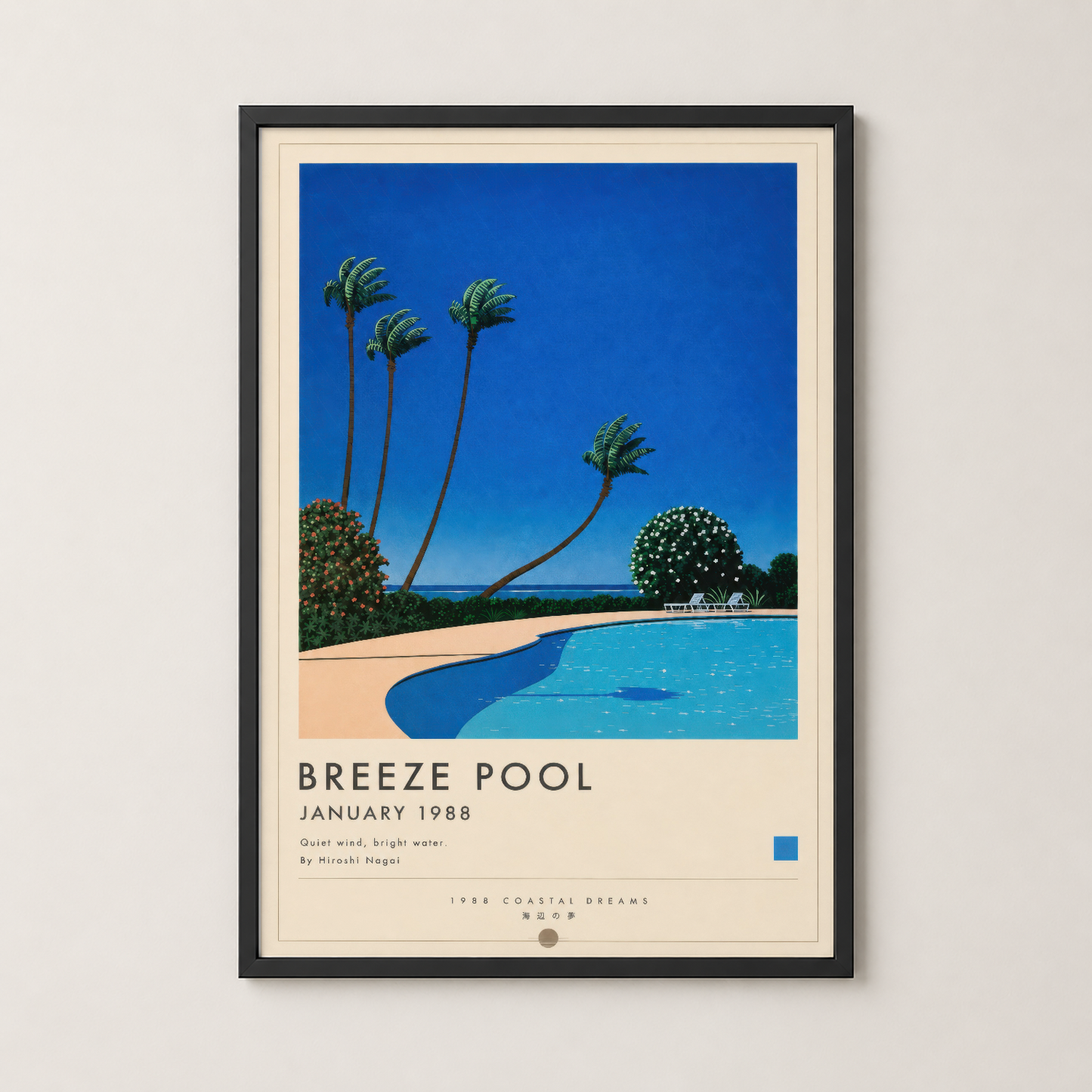 Breeze Pool posteri siyah çerçevede, canlı mavi gökyüzü ve şık pool tasarımı ile modern dekorasyon.
