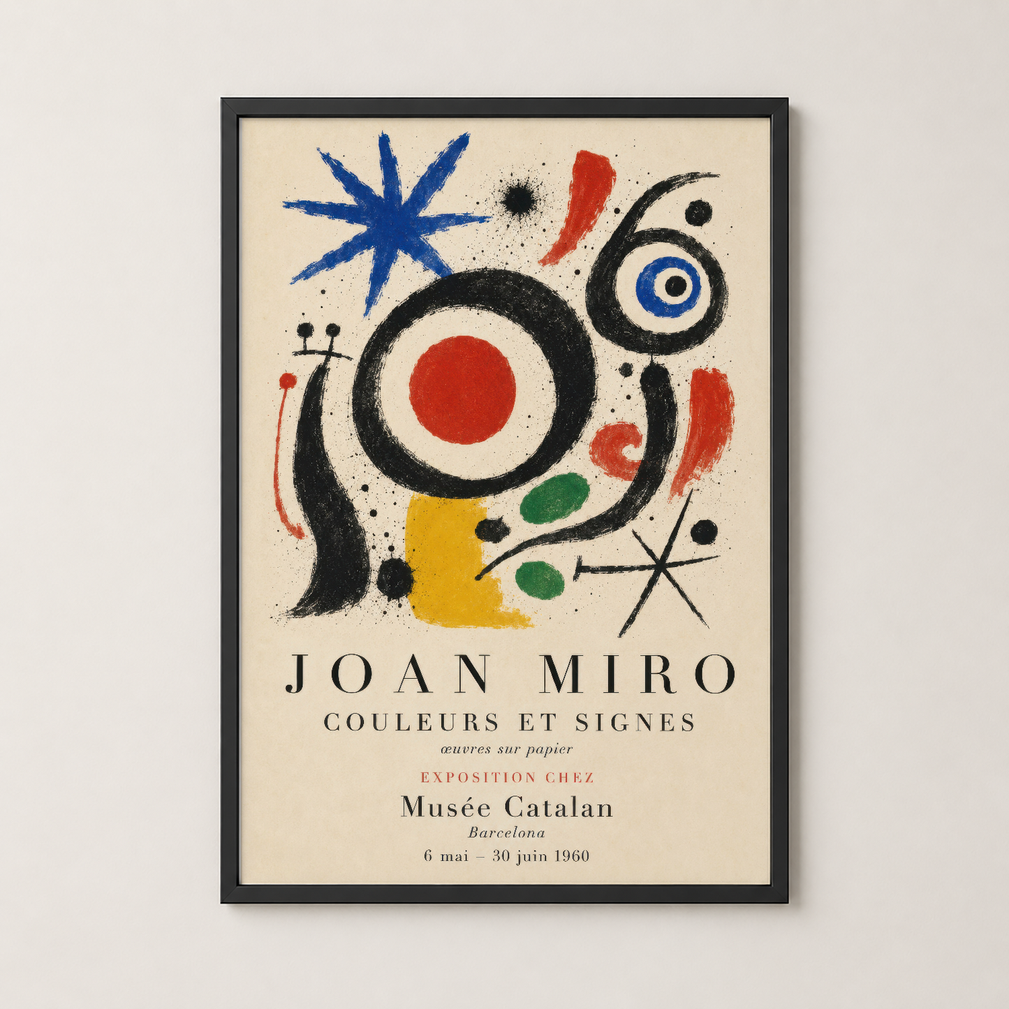 Miró'nun ikonik renkli tasarımı siyah çerçevede, modern iç mekanlar için ideal sürrealist poster.
