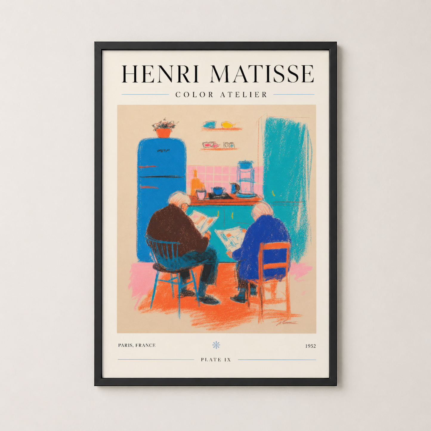 Matisse Color Atelier posteri, siyah çerçevede, 1952 Paris klasiği, canlı renkler ve şekilleriyle.