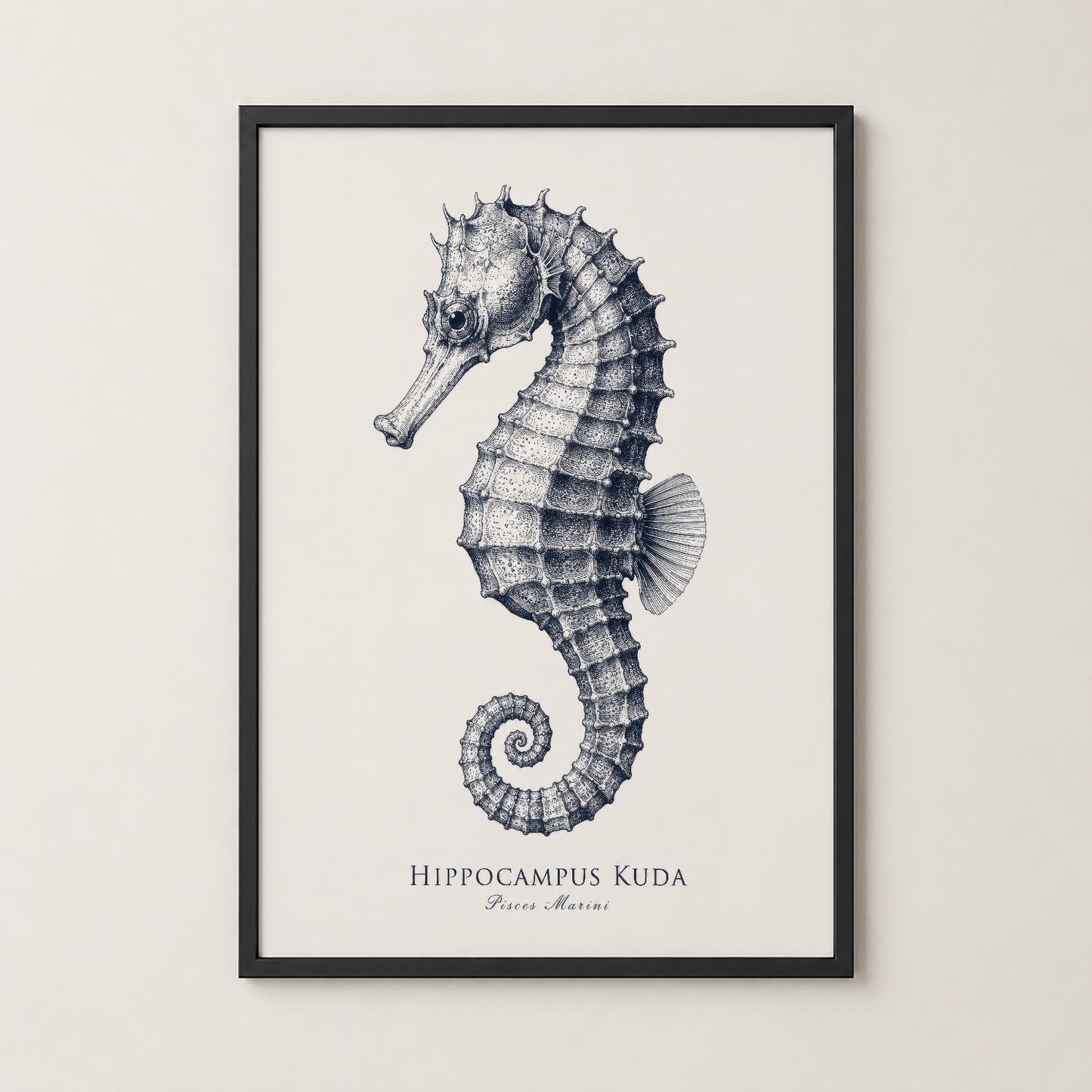 Siyah çerçeveli deniz atı posteri, modern minimalist dekorasyon için ideal.
