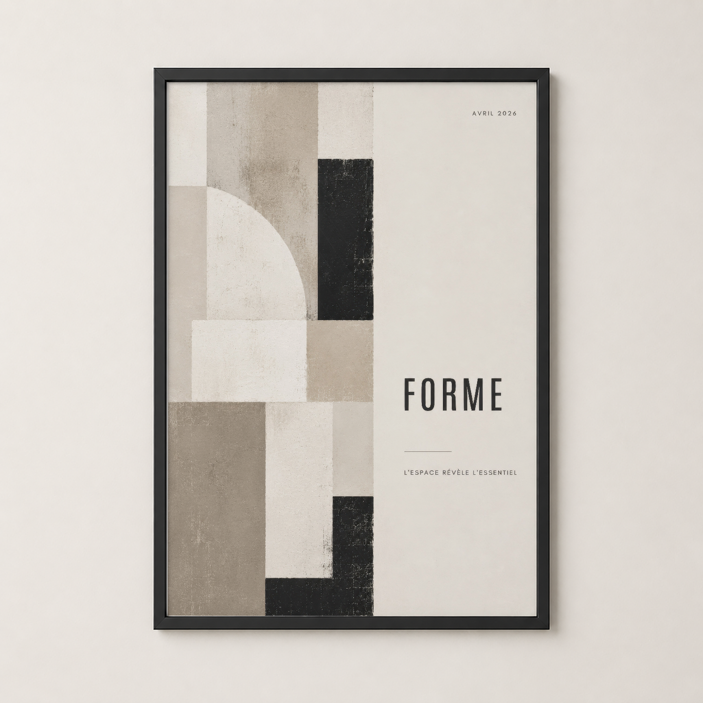 Forme posteri siyah çerçevede, beige ve siyah geometrik formlarla sakin dekorasyon.