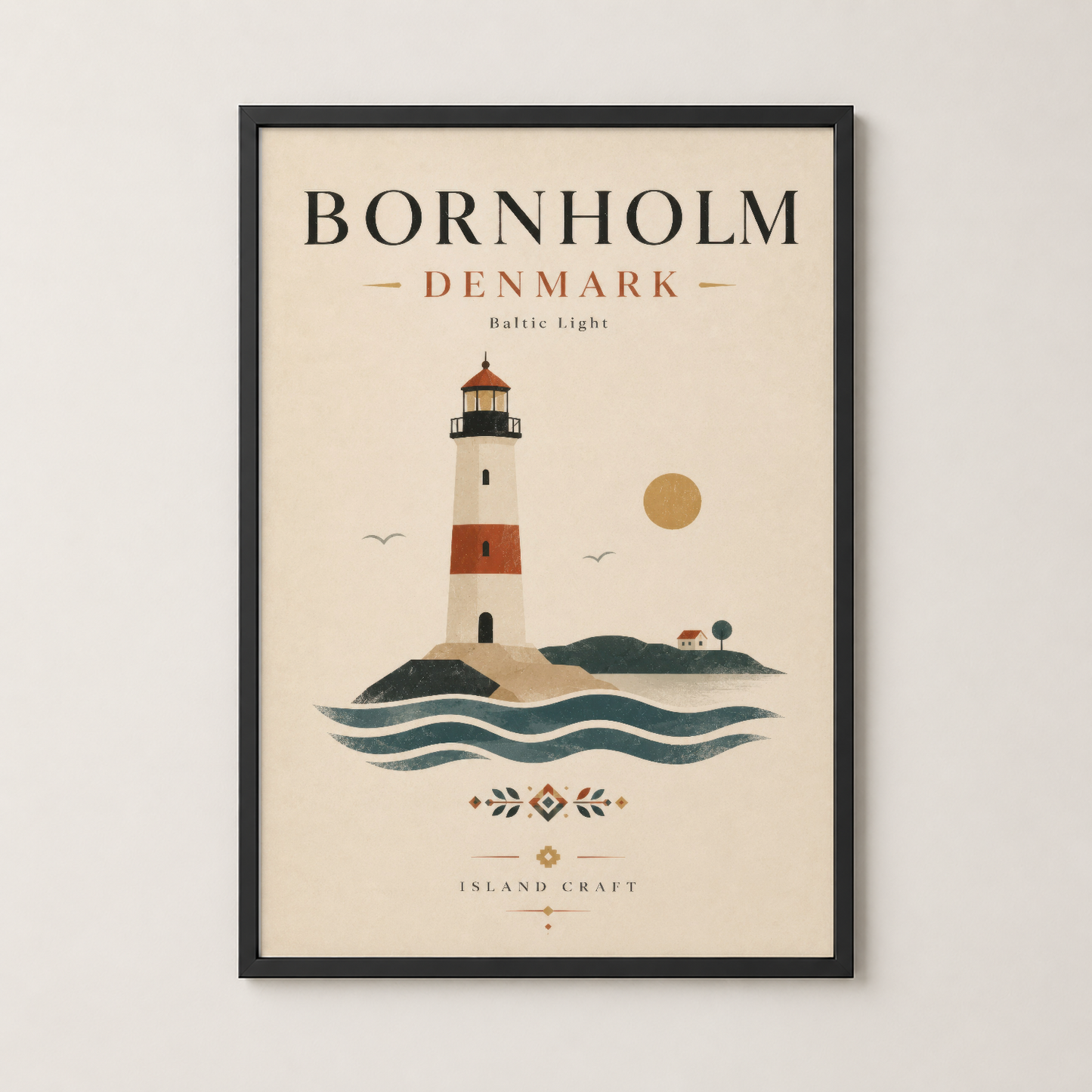 Siyah çerçeveli Bornholm feneri posteri, modern iç dekorasyonda duvar sanatı olarak sergilenen tasarım.