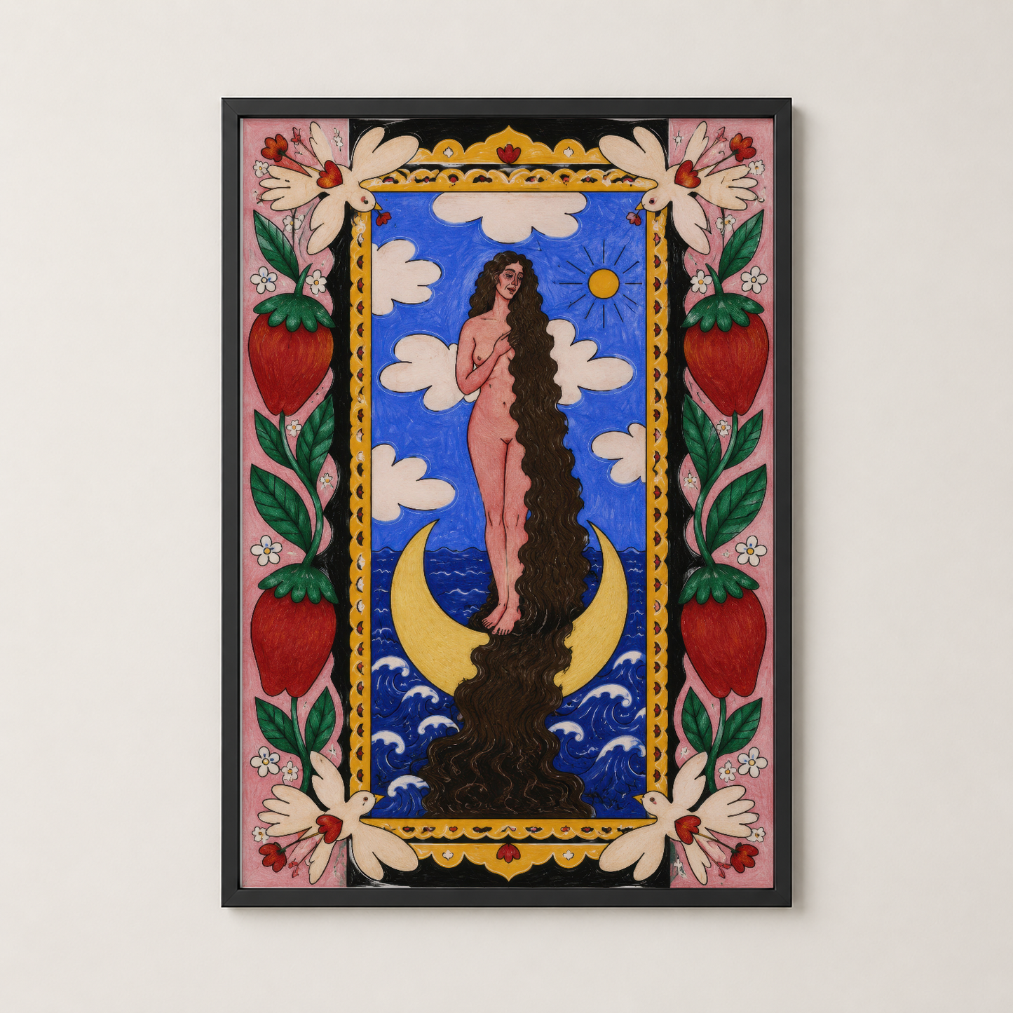 Siyah çerçeveli, gökyüzü ve deniz tasvirli, floralsı desenleriyle sanat deco tarzı duvar tablosu.