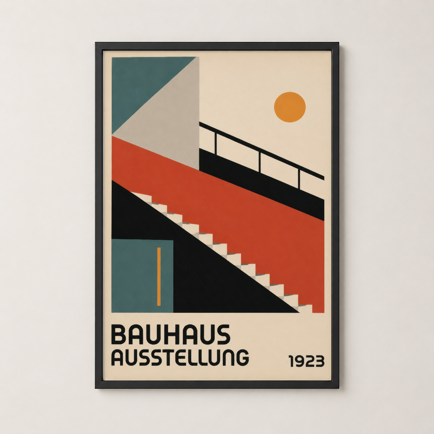 Siyah çerçeveli Bauhaus Ausstellung tablosu, merdivenli yapı ve soyut tasarımı vurgulayan duvar sanatı.