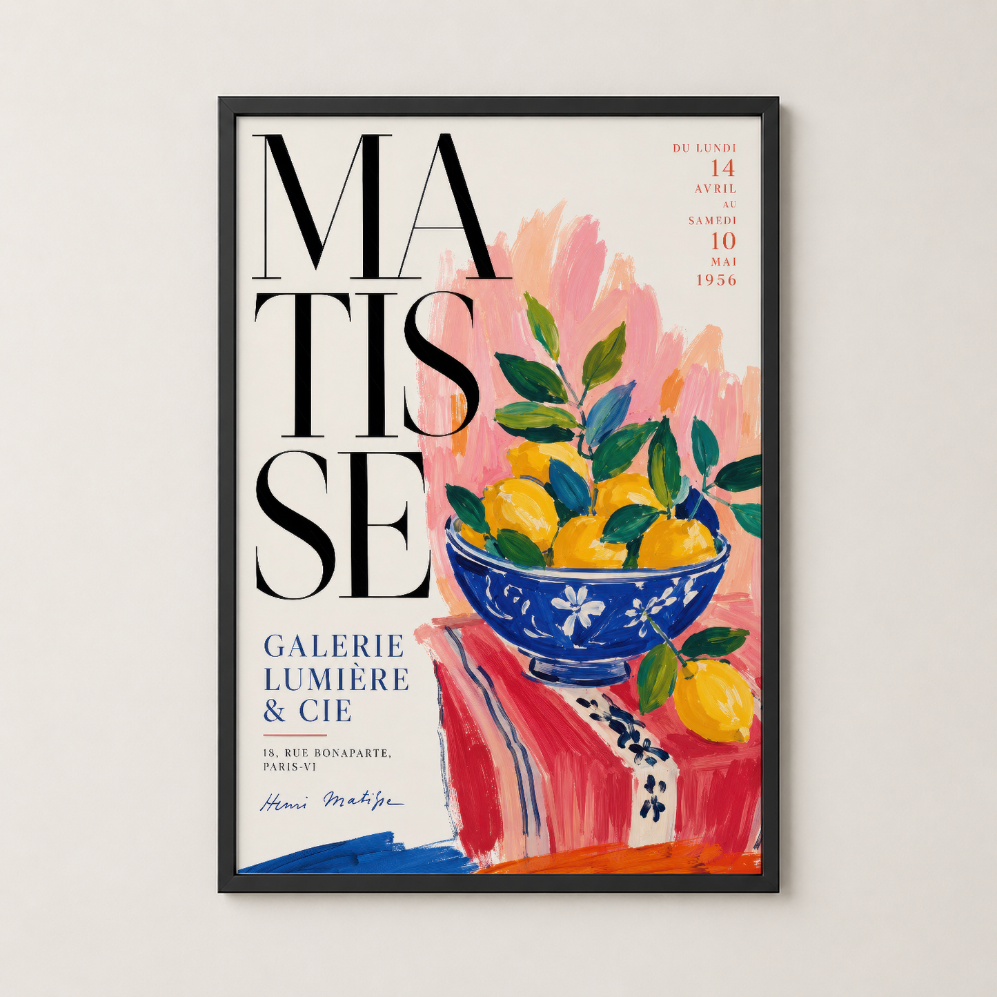 Matisse galeri posteri, siyah çerçeveli duvar tablosu, renkli çiçek ve meyve tasarımıyla modern sanat dekorasyonu.