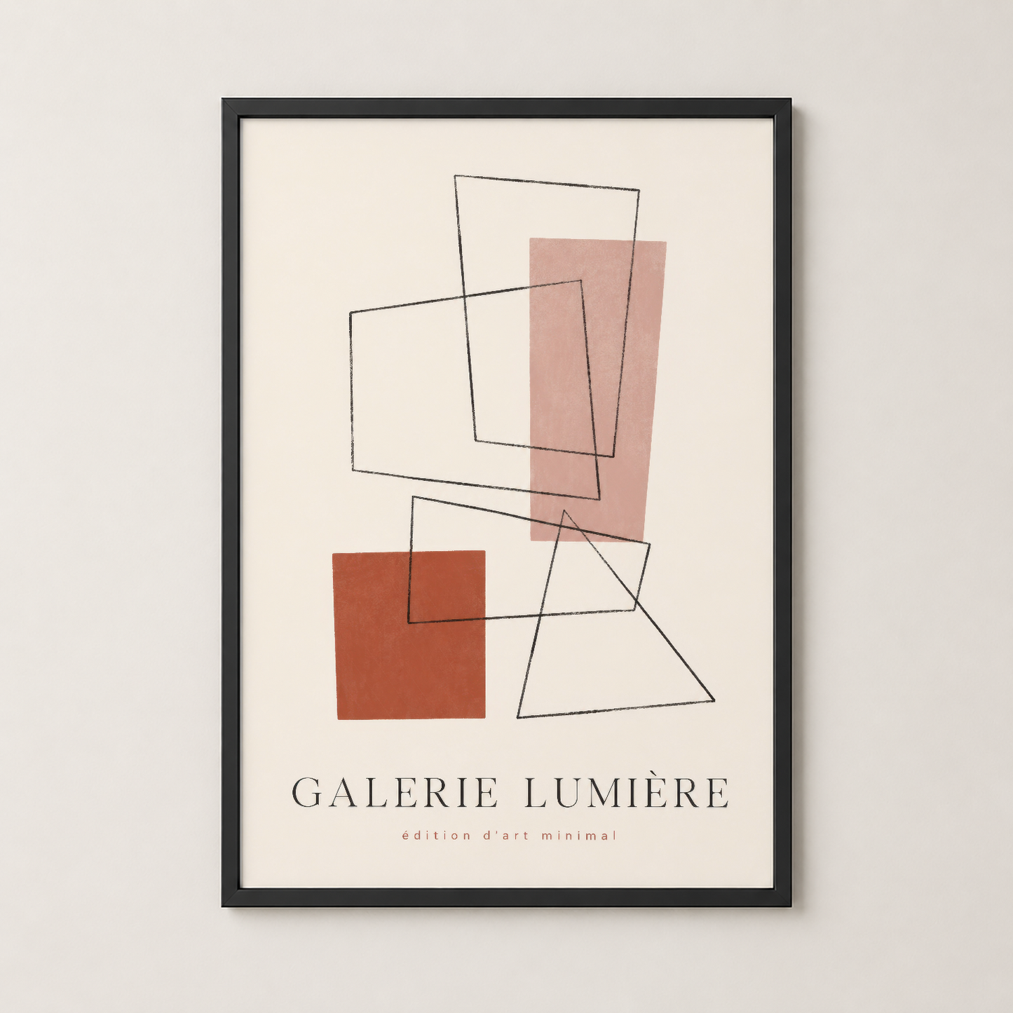 Siyah çerçevede, çizgi ve renkli geometrik formlardan oluşan minimalist Galerie Lumière duvar tablosu.