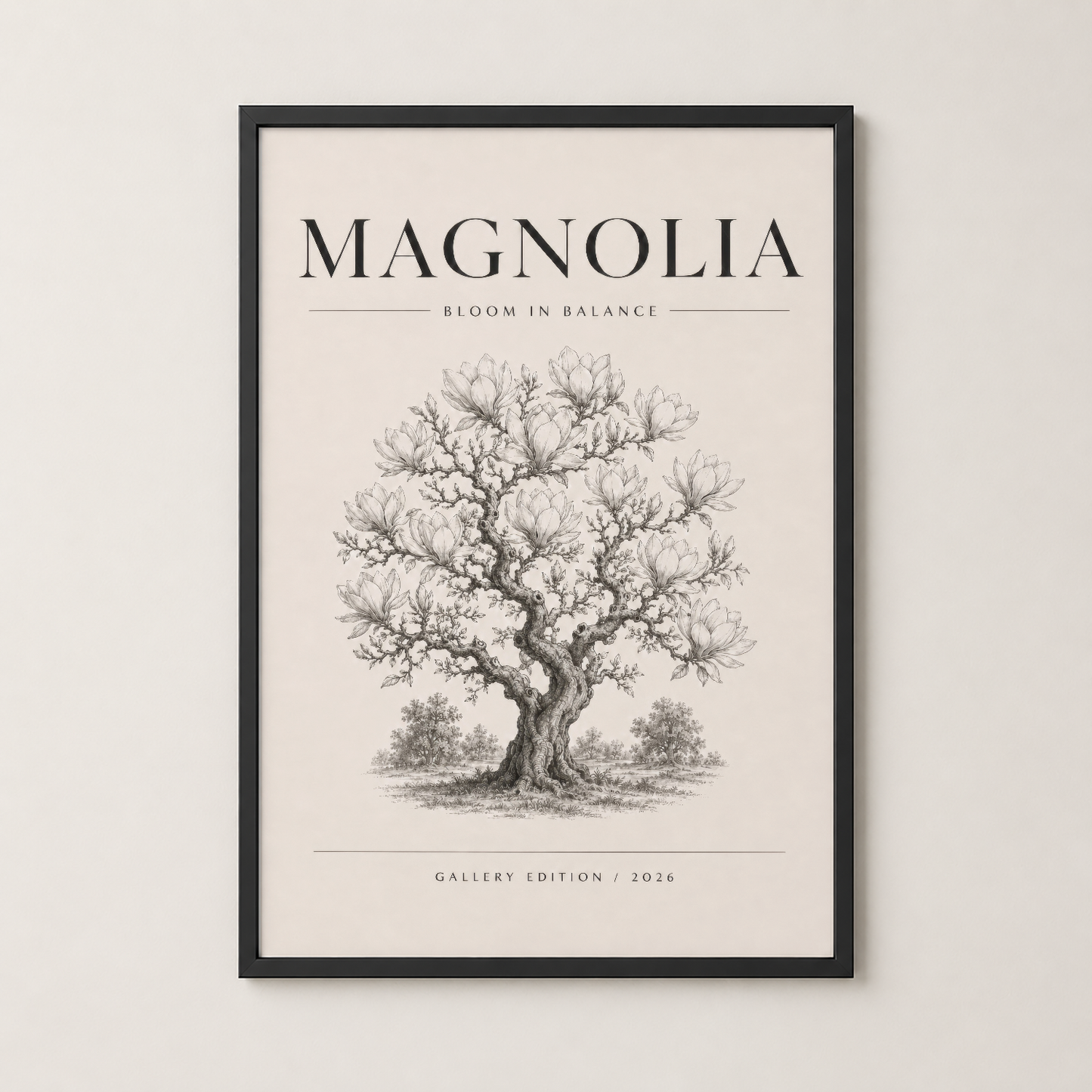 Siyah çerçeveli Magnolia posteri, modern iç mekanlar için zarafet ve denge sağlar.