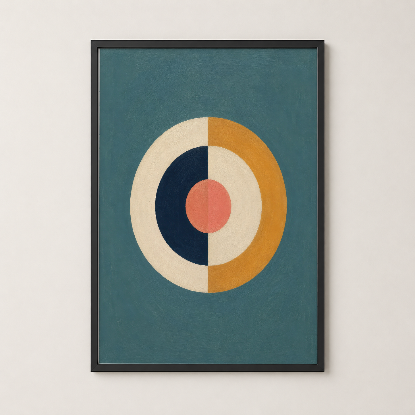 Siyah çerçeveli, iç içe geçmiş daire desenleriyle minimalist sanat eseri, çağdaş dekorasyon için ideal.