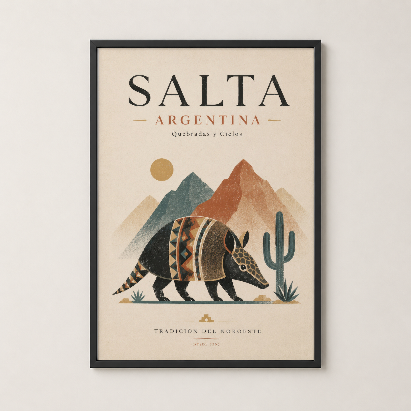 Siyah çerçeveli Salta Arjantin posteri, modern oturma alanında duvara asılmış dekoratif tablodur.
