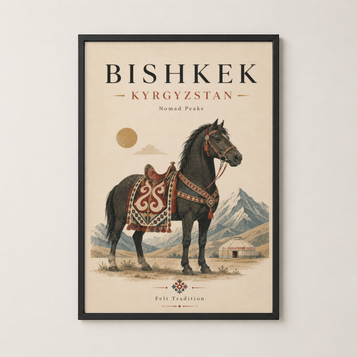 Siyah çerçevede Bishkek Kyrgyzstan posteri, nomad temasıyla süslenmiş oturma alanında.
