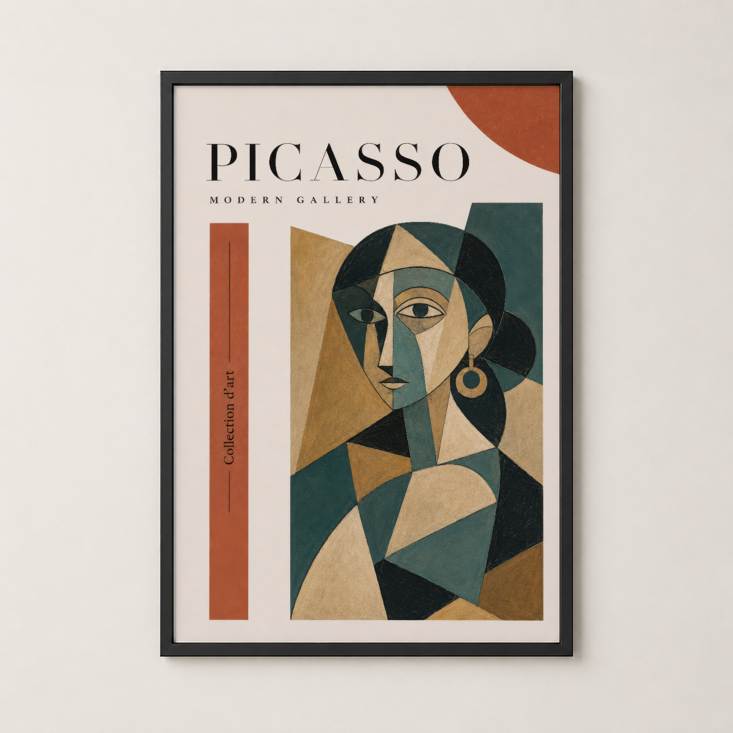 Picasso Modern Gallery posteri siyah çerçevede, ikonik kadın portresi tasarımını canlı renklerle yansıtan sanat eseri.
