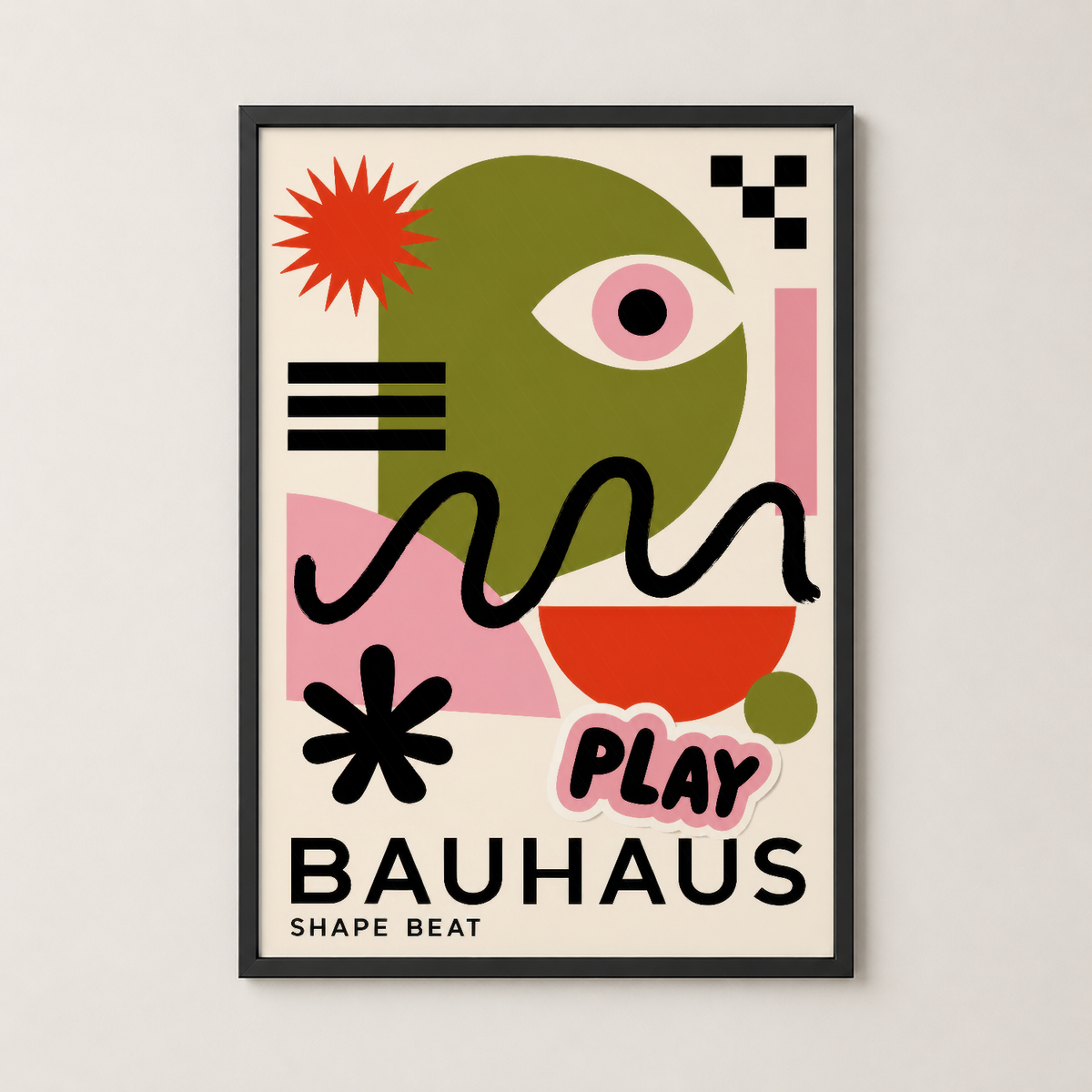 Bauhaus Play Shape Beat tablosu siyah çerçevede, modern duvar dekorasyonu için ideal.