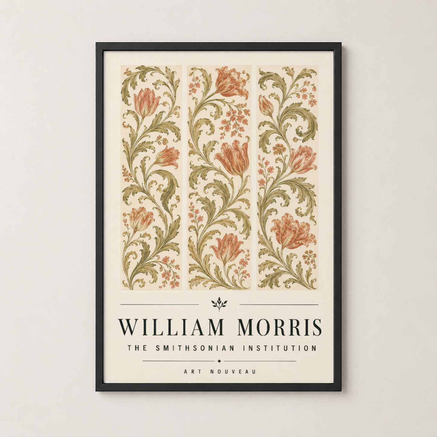 William Morris Art Nouveau tablosu siyah çerçevede, klasik çiçek motiflerine sahip duvar sanatı.