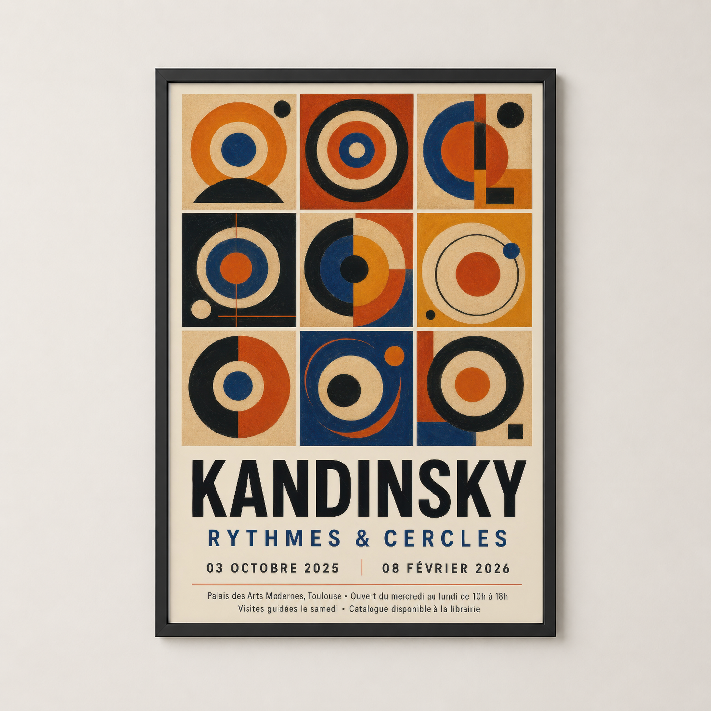 Kandinsky sanat baskısı siyah çerçevede, renkli daire motiflerinin oluşturduğu modernist duvar tablosu.