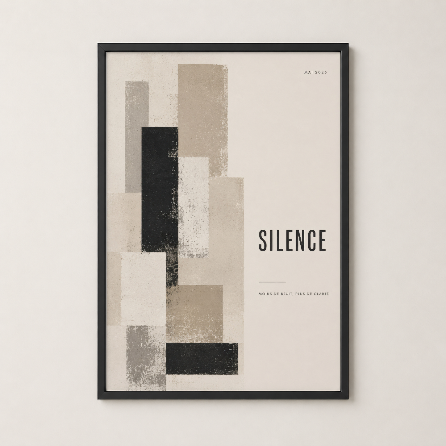 Modern siyah çerçeveli soyut poster, nötr duvar dekorasyonuyla uyumlu, sanat severler için ideal bir seçim.