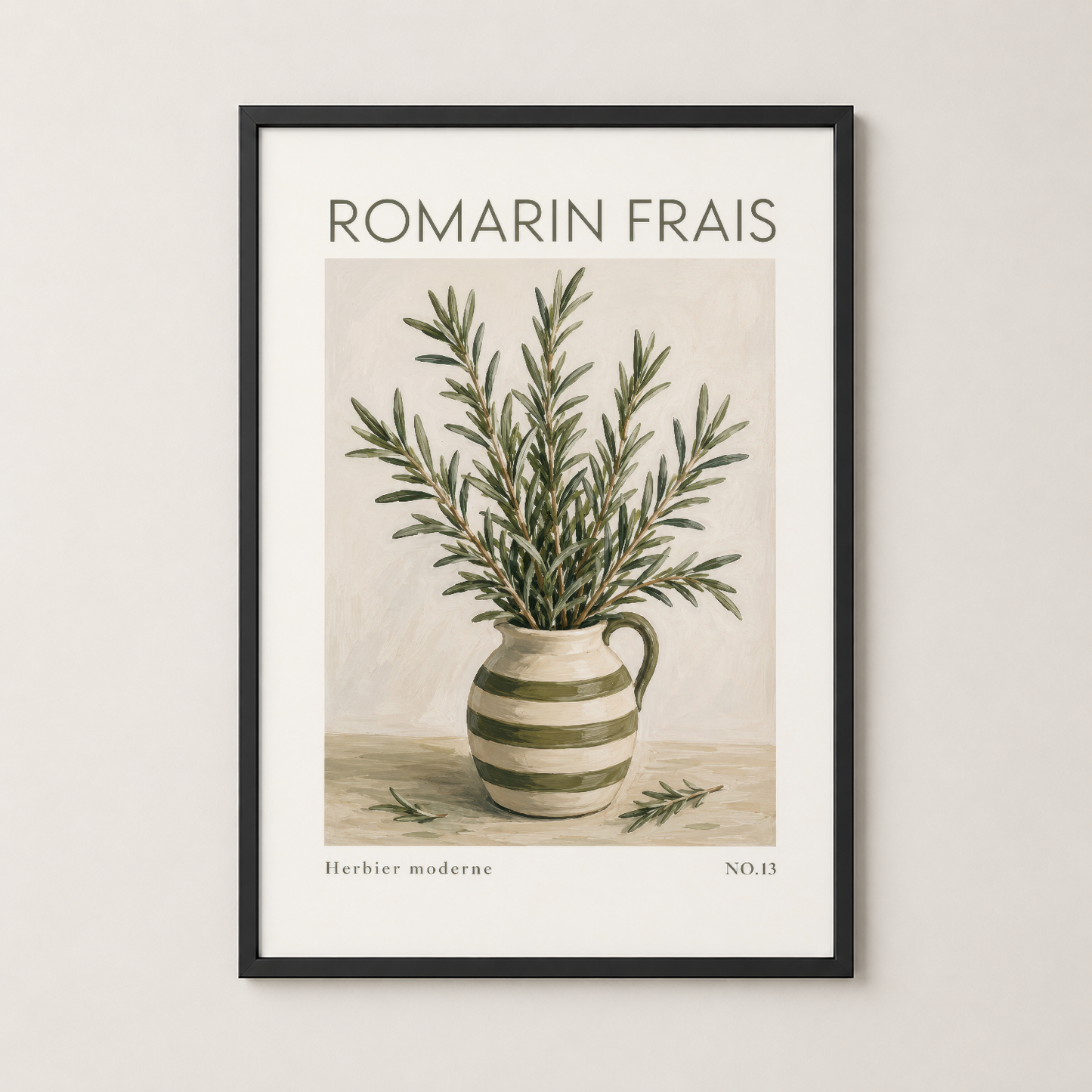 Romarin Frais tablosu siyah metal çerçevede, vintage botanik illüstrasyonu ve minimalista duvar dekorasyonu