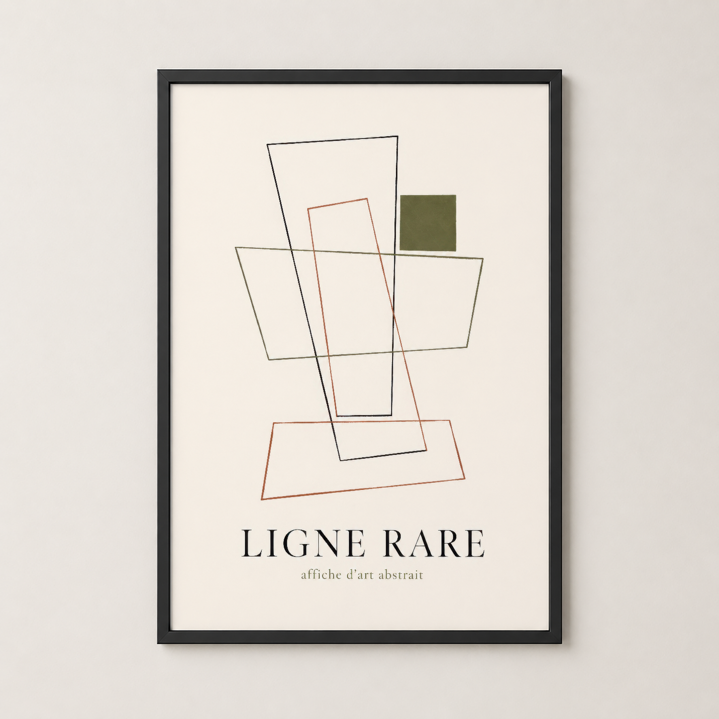 Ligne Rare soyut sanat tablosu siyah çerçevede, iç içe geçmiş geometrik şekiller ve pastel renk aksentleriyle modern