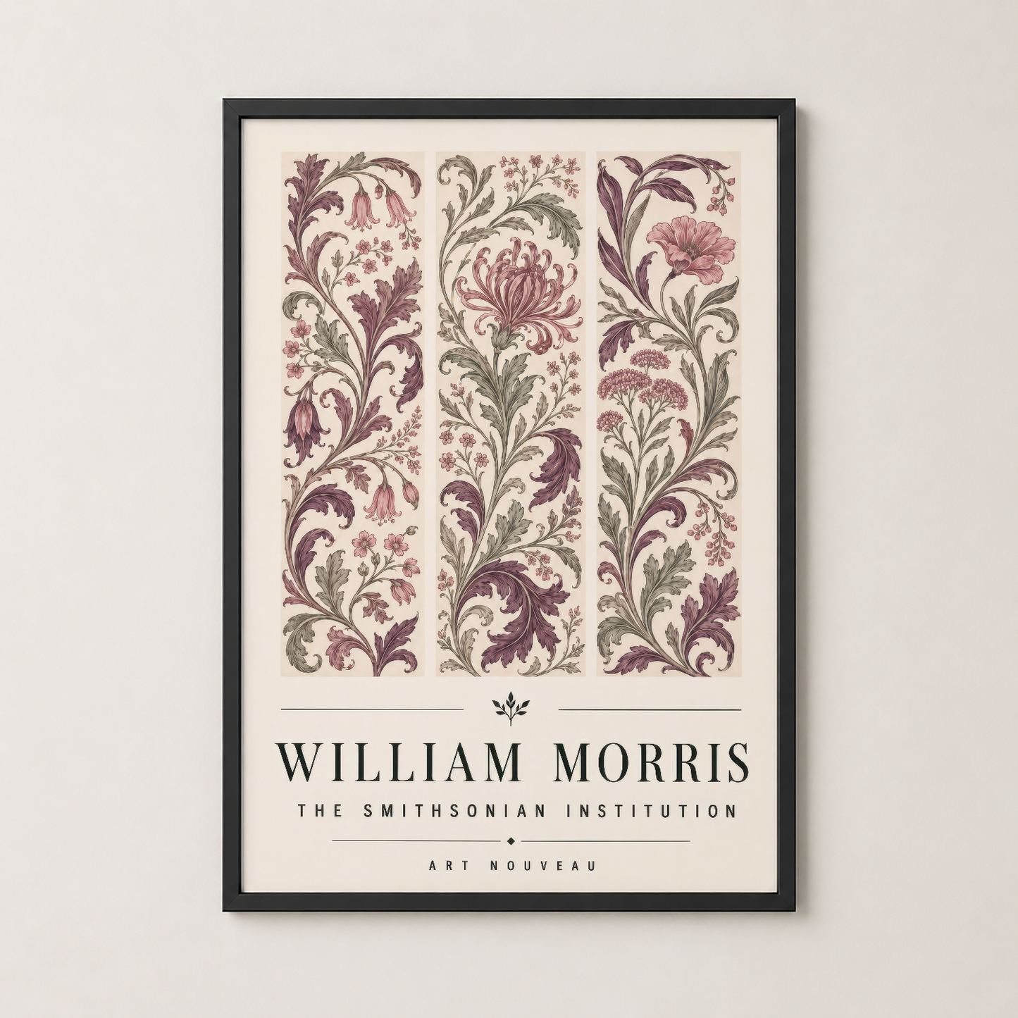 William Morris Art Nouveau posteri siyah çerçevede, zarif bitki deseni ve dekoratif çiçek sanat eseriyapıştırmış duvar