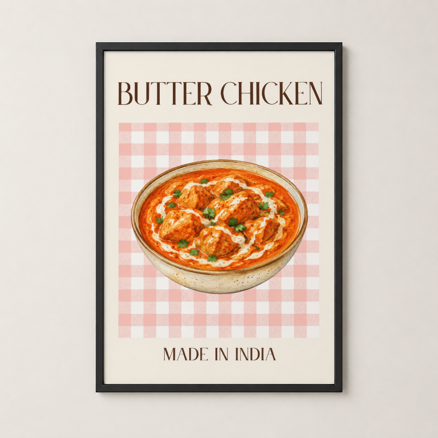 Siyah çerçeveli Butter Chicken tablosu, mutfak duvarında nostaljik Hint yemeği görseli sunan dekoratif poster.