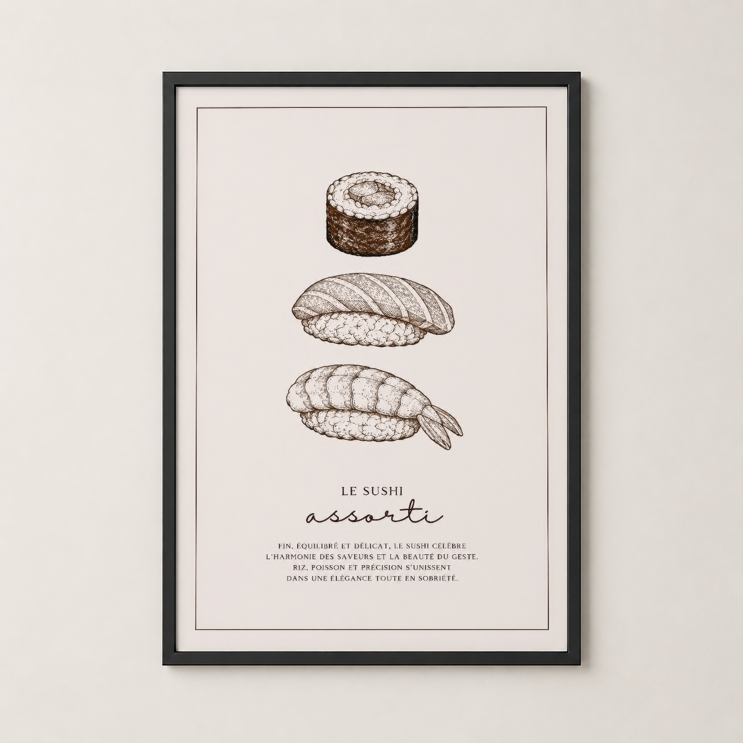 Sushi assort posteri, siyah çerçevede, minimalist şıklığa sahip çizim stiliyle.