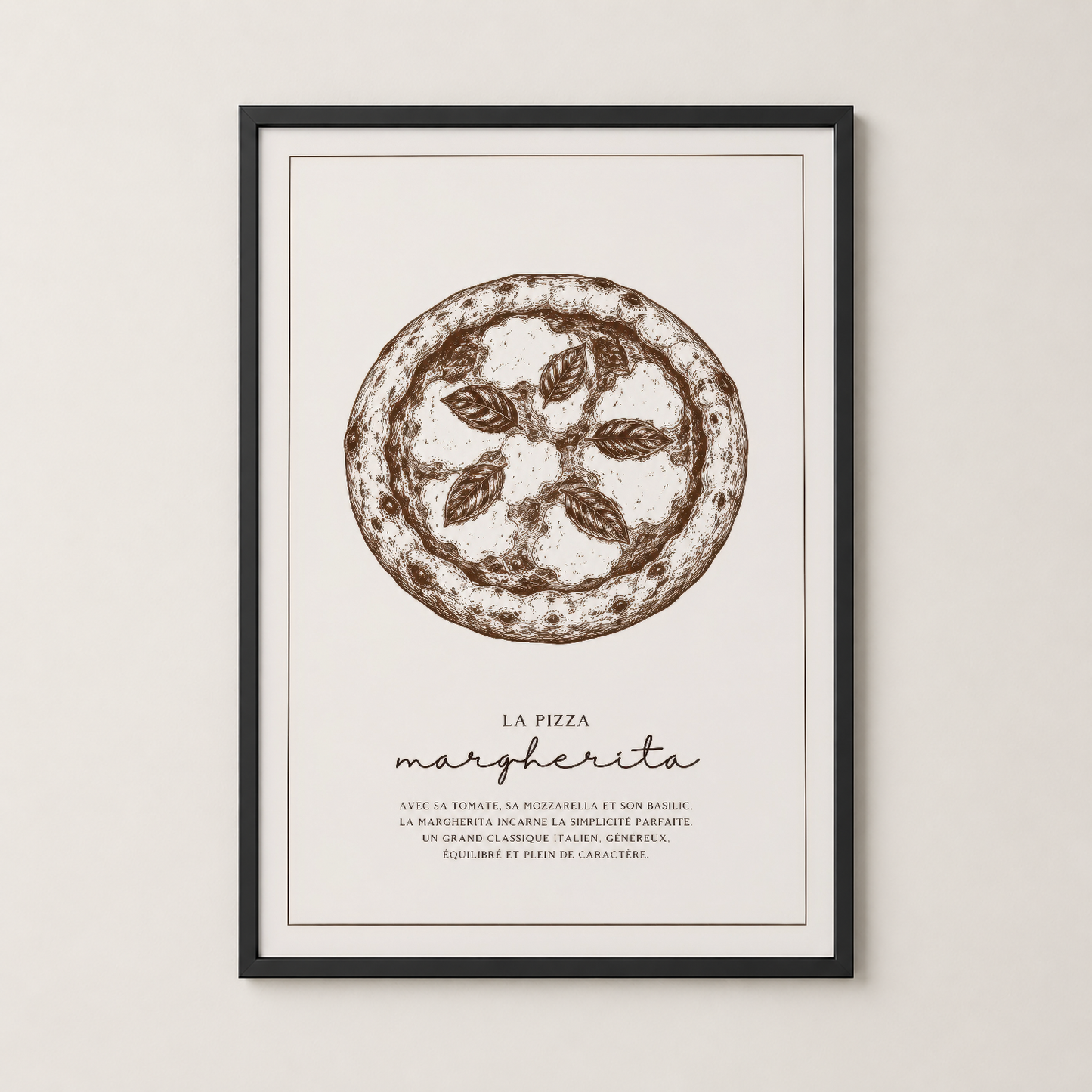 Pizza Margherita posteri, siyah çerçevede, minimalist Fransız stilinde metin ve engraving tekniğiyle çizilmiş görüntü.