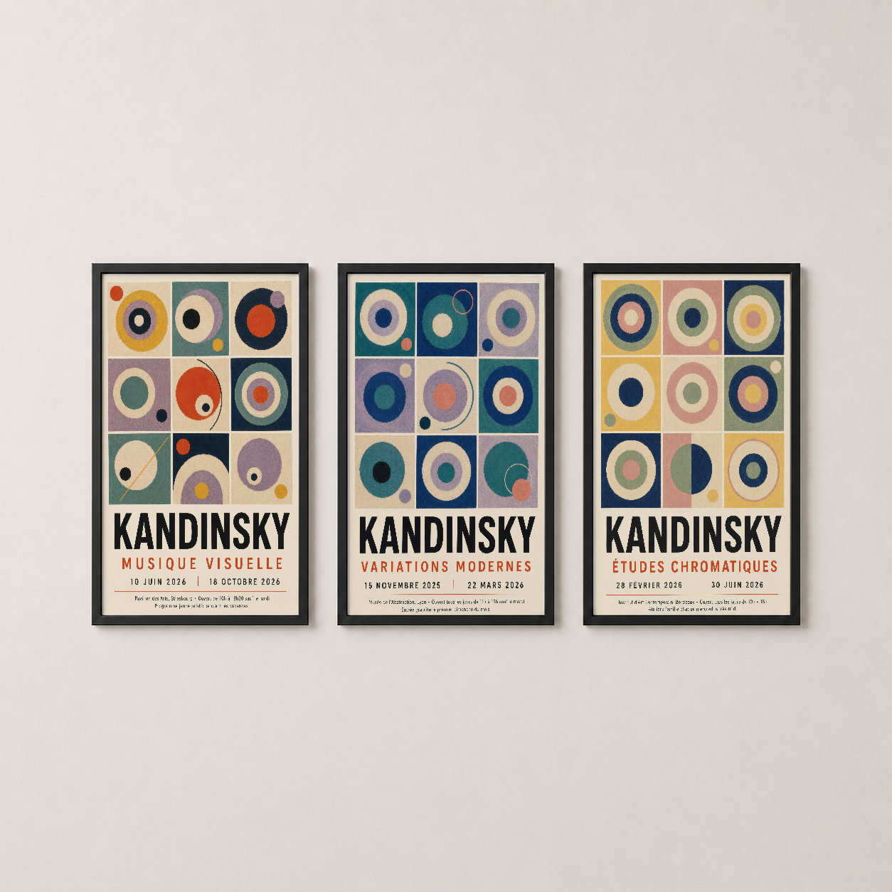 Siyah çerçeveli Kandinsky üçlü tablo seti, oturma odasının duvarında soyut sanat eseri olarak sergileniyor.