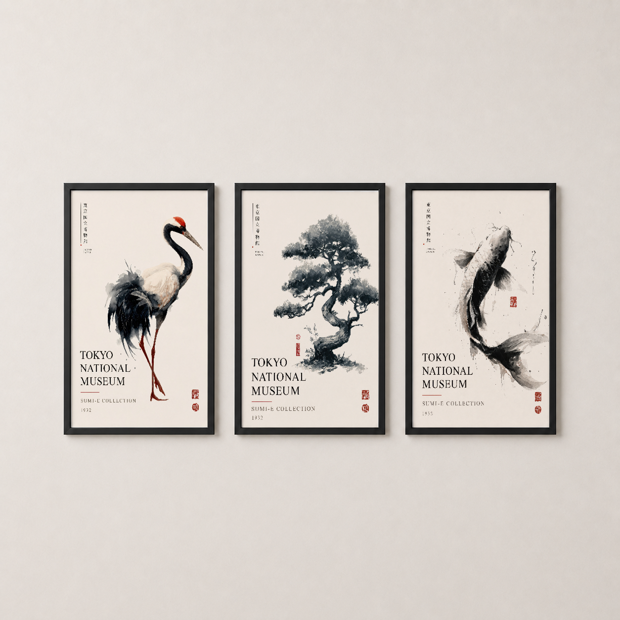 Siyah çerçeveli üç parça tablo, modern oturma odasında, müze koleksiyonundan esinlenen sanat eserleri.