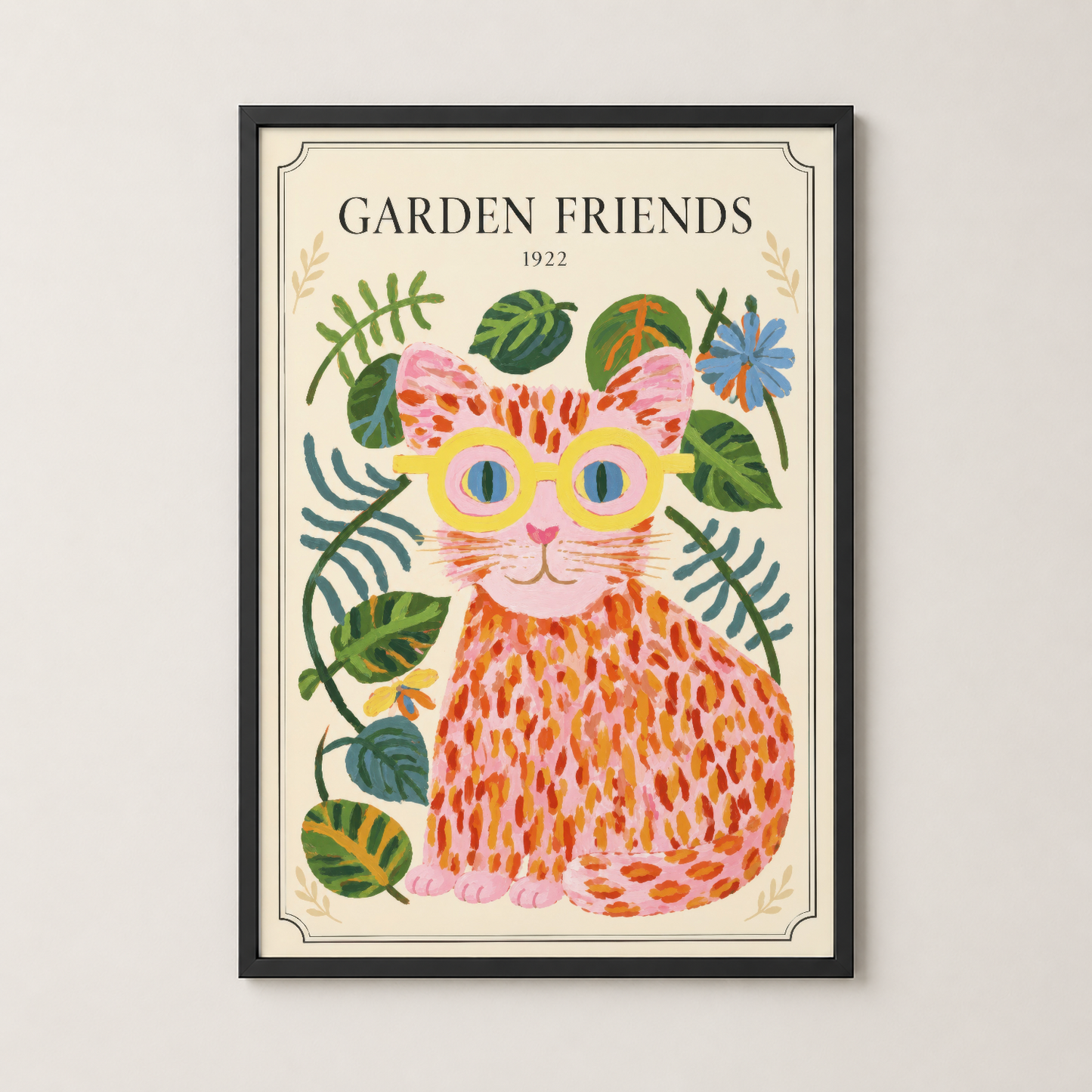 Garden Friends posteri siyah çerçevede, retro tasarımıyla modern odaları tamamlayan dekoratif bir duvar tablosu.