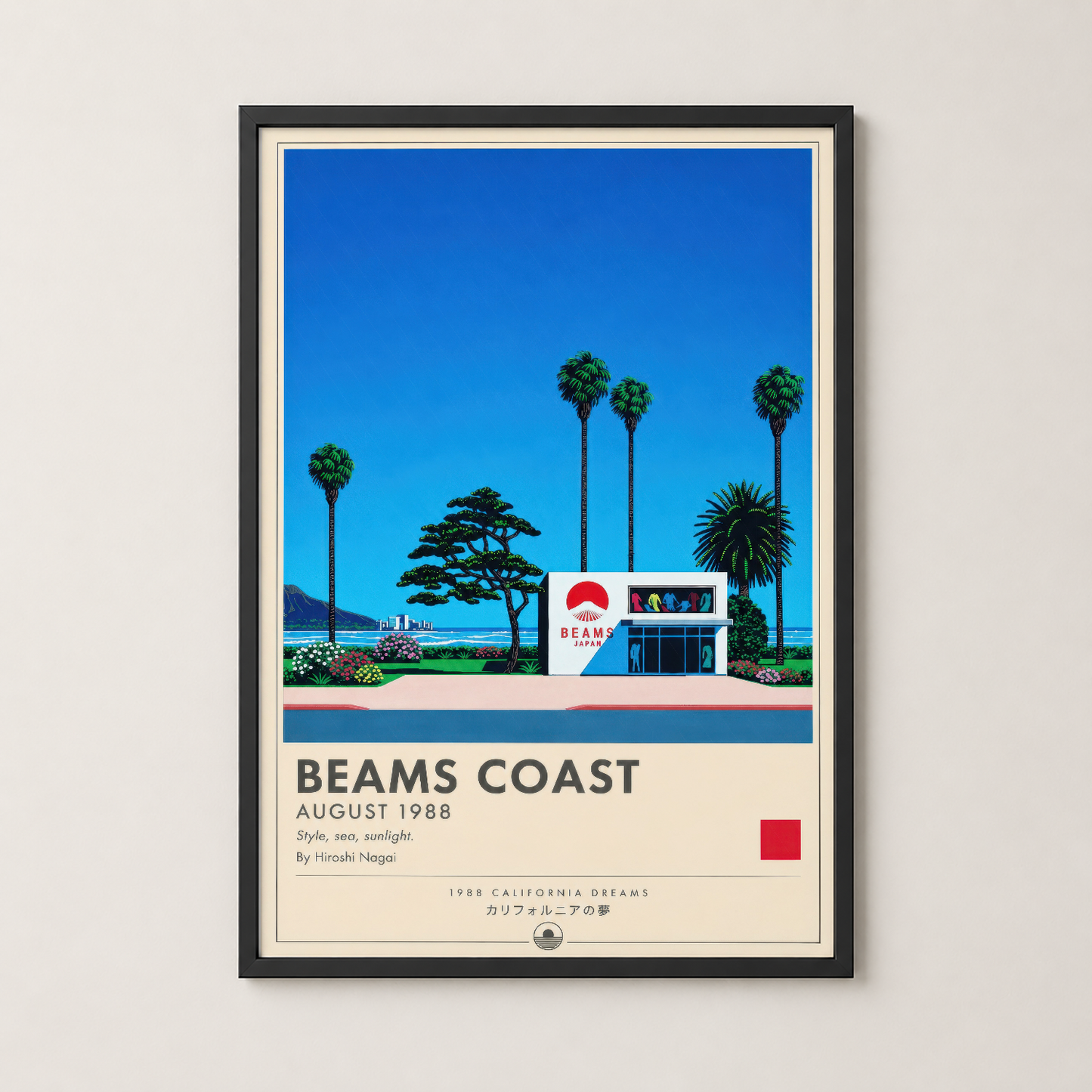 Beams Coast tablosu siyah çerçeveli, minimalist oturma alanında duvar dekorasyonu olarak sergilenen vintage poster.