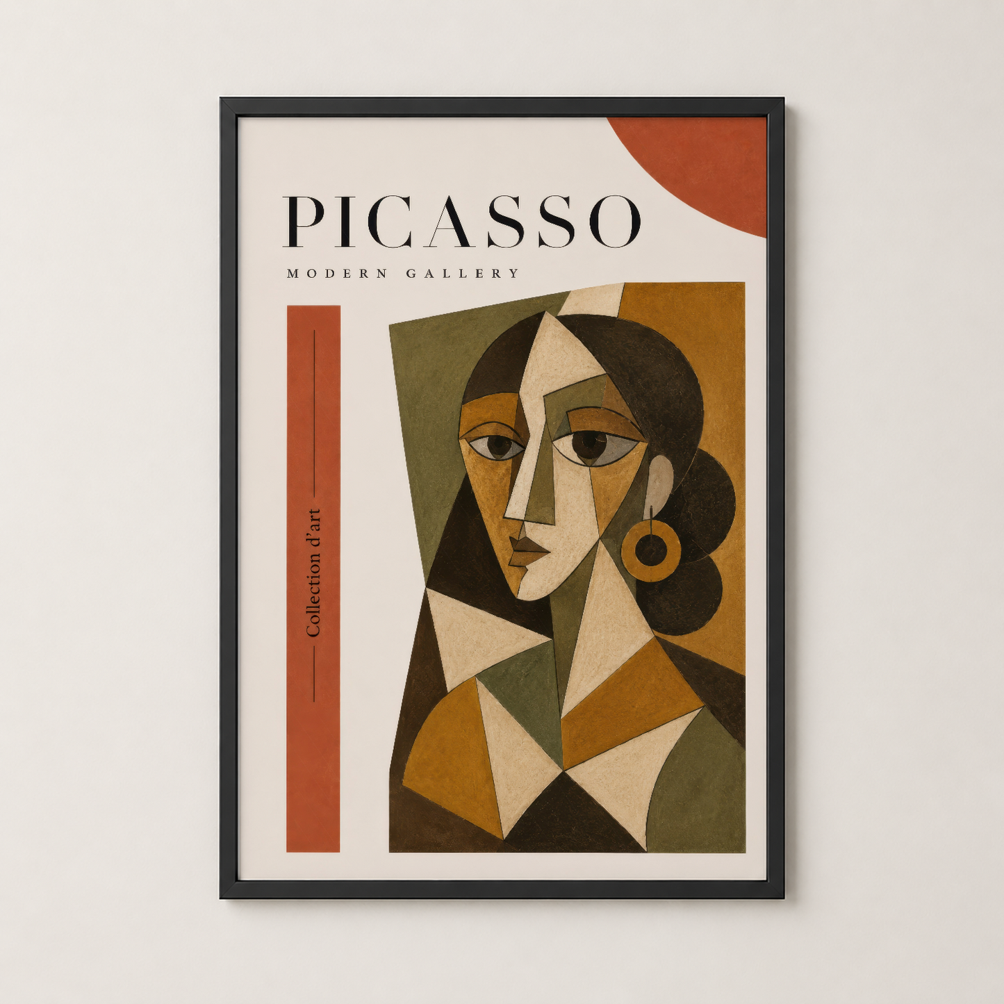 Siyah çerçeveli Picasso Modern Gallery tablosu, odanın ana odak noktası olarak minimalist iç mekanda sergilendi.