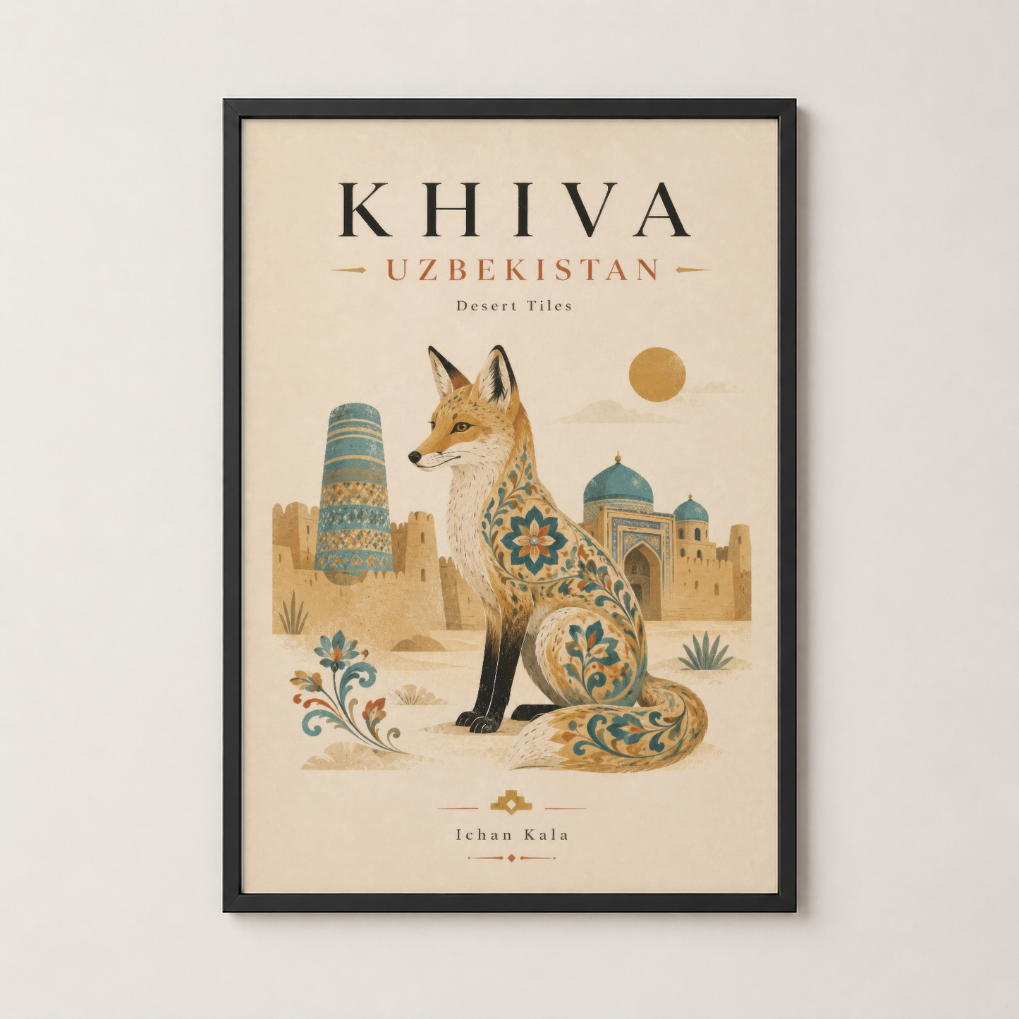 Khiva Özbekistan tablosu siyah çerçevede: Geometrik desenli tilki ve antik kentin kuleleri, zarif tasarımda.