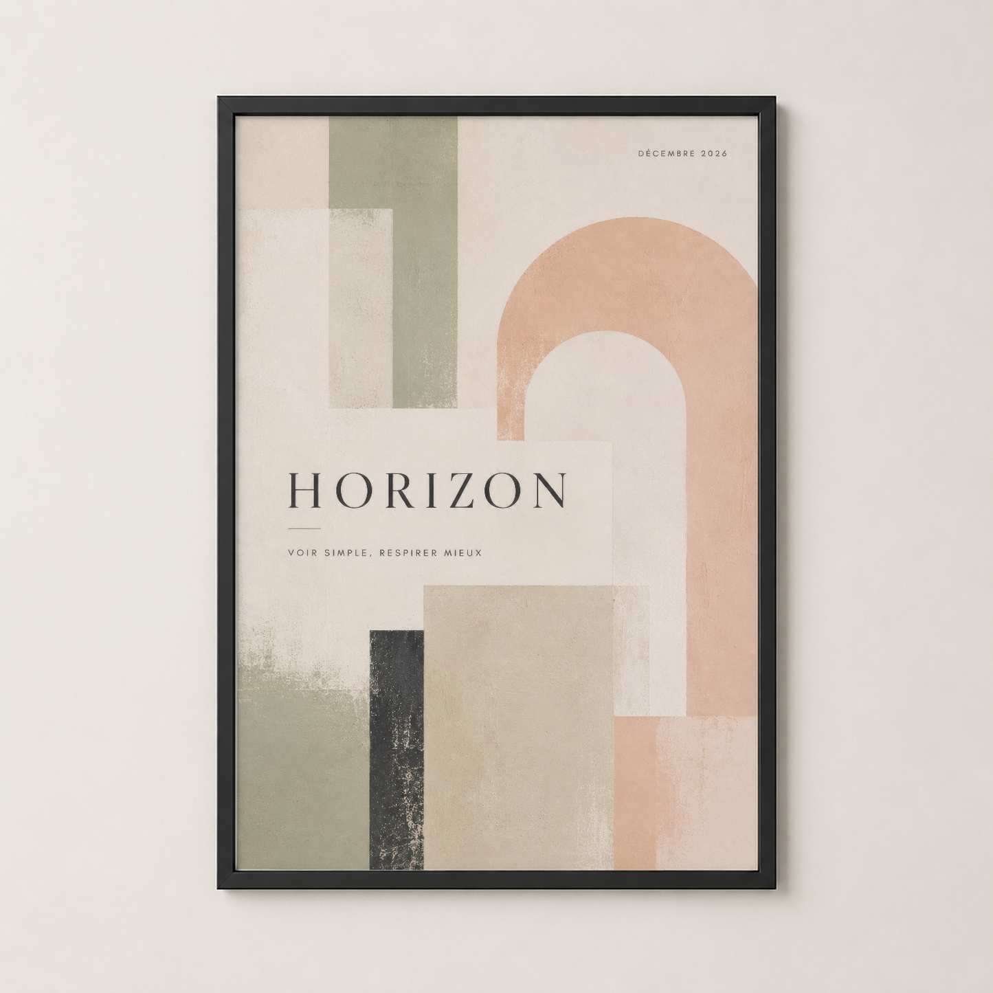Horizon tasarım posteri, siyah çerçeveli haliyle, sakin tonlarında geometrik formlar ve şık yazı tipiyle yumuşak bir atmosfer