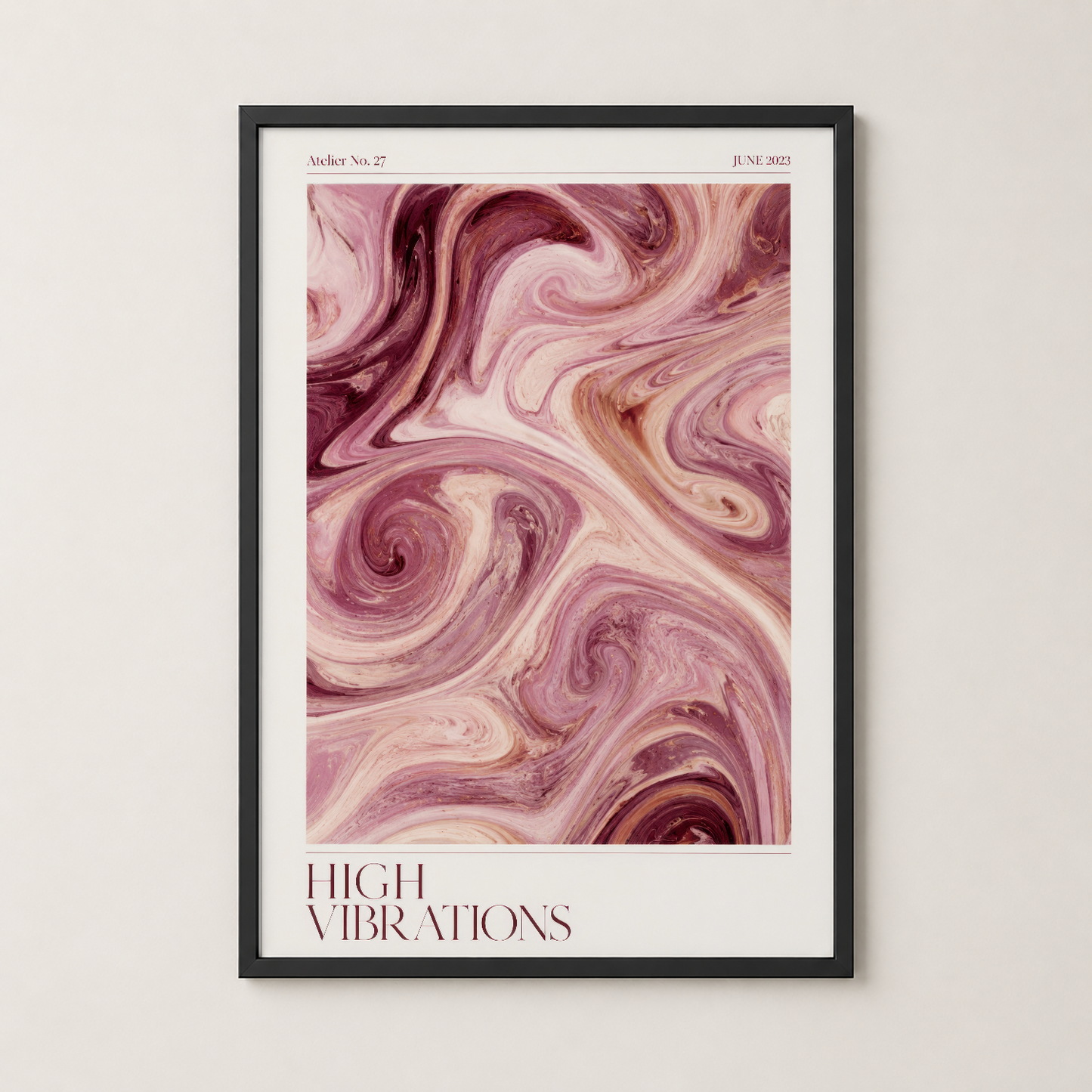 Siyah çerçeveli duvar tablosu, pembe-mürdüm mermer desenli soyut sanat, modern iç mekanlara uygun.