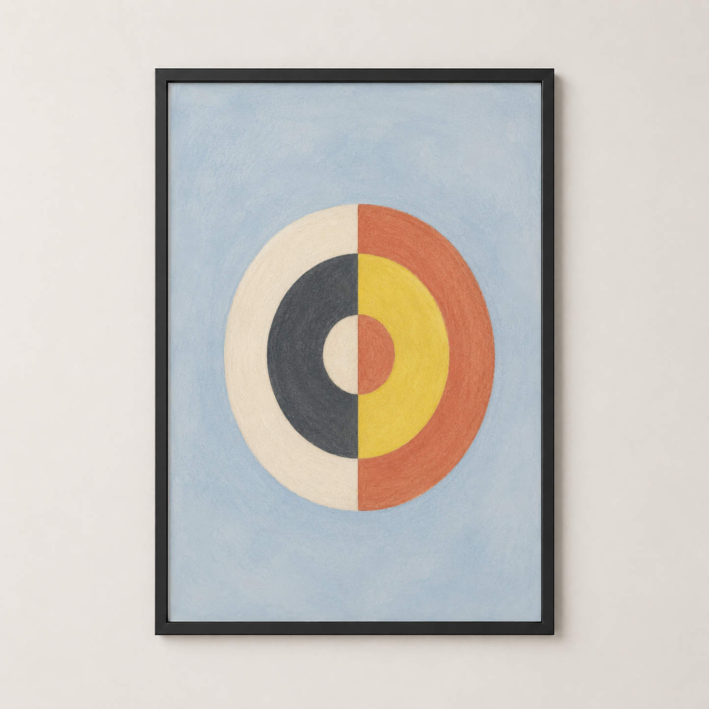 Çok renkli daire motifi, siyah çerçeveli poster, minimalist ve sanat eseri kalitatesi.
