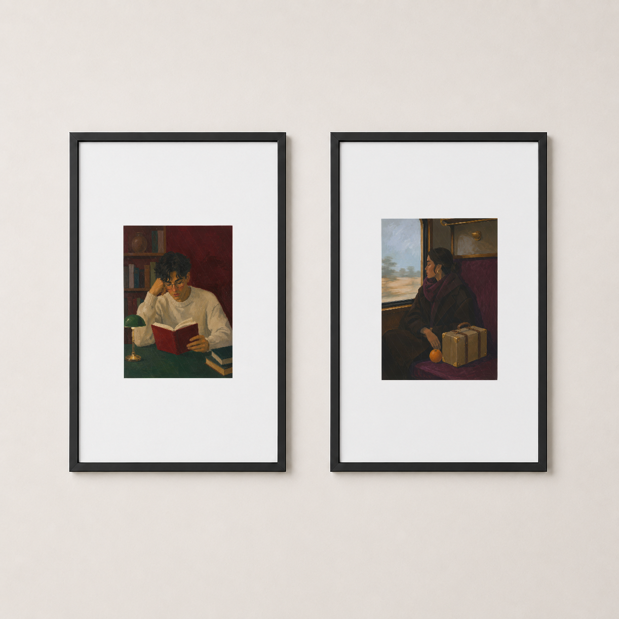 Siyah çerçeveli iki parçalı tablo seti, nostaljik sahneleri contemporary bir şekilde sergiliyor.
