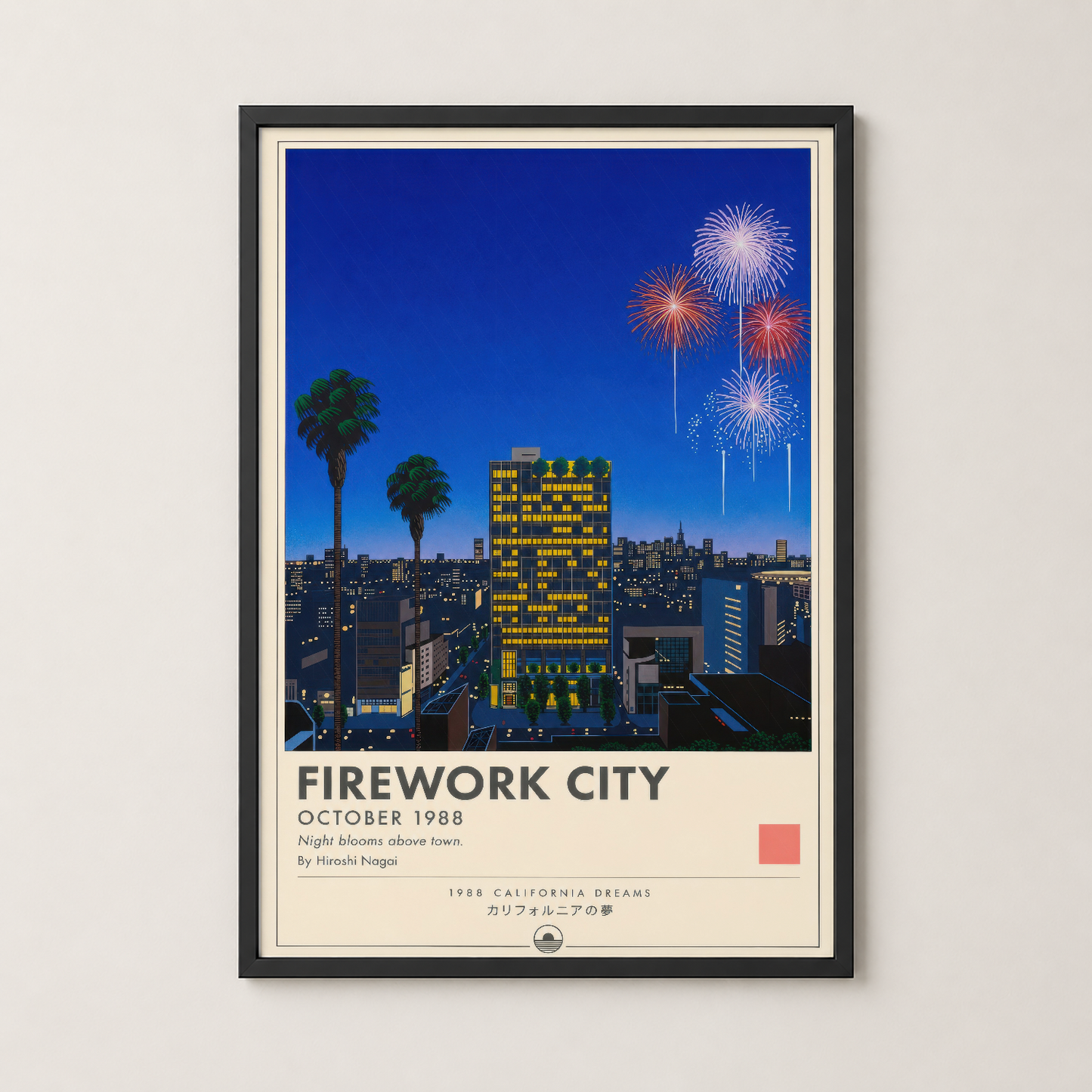 Siyah çerçeveli Firework City posteri, modern oturma alanında duvarın ön cephesinde sergilenen vintage sanat tablosu.