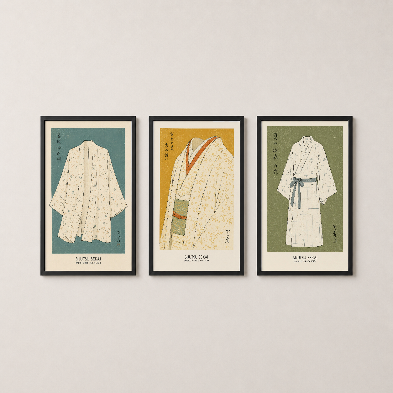 Siyah çerçeveli üç parçalı tablo, klasik kimono illüstrasyonlarını modern bir duvar dekorasyonu olarak sunuyor.