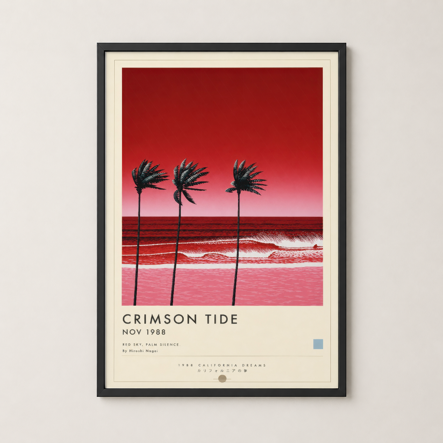Siyah çerçeveli, palmiye ve deniz manzasalı Crimson Tide posteri modern duvar dekorasyonu.