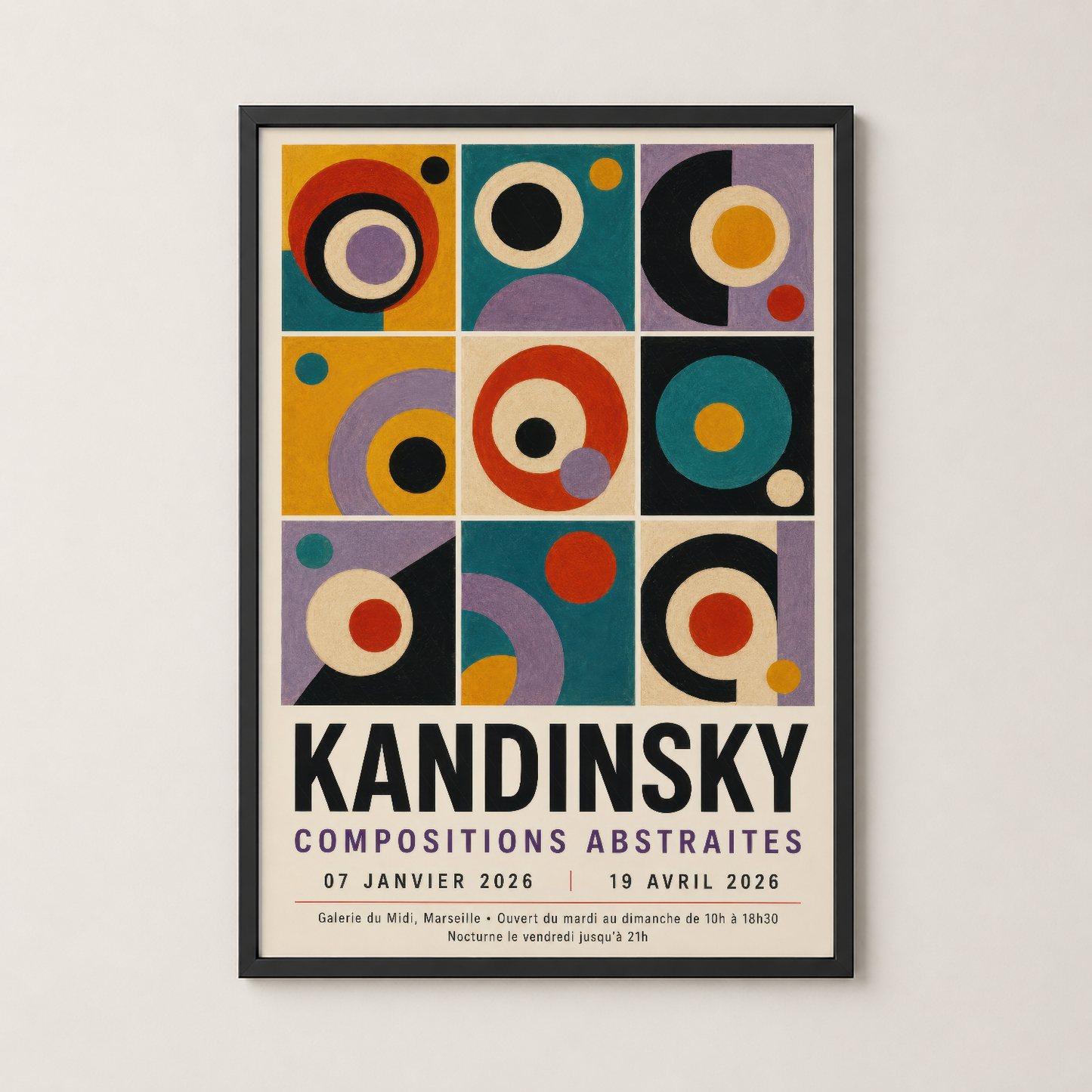 Siyah çerçeveli Kandinsky Composıtions Abstraites tablosu, modern oturma alanında soyut sanat dekorasyonu.