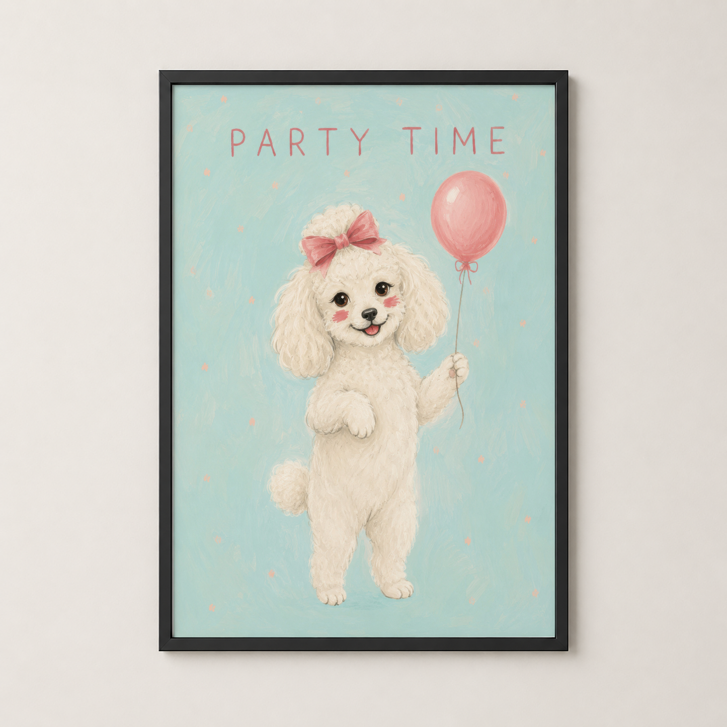 Siyah çerçeveli party time tablosu, beyaz pudl köpeği ve pembe balonun sevimli portresi.
