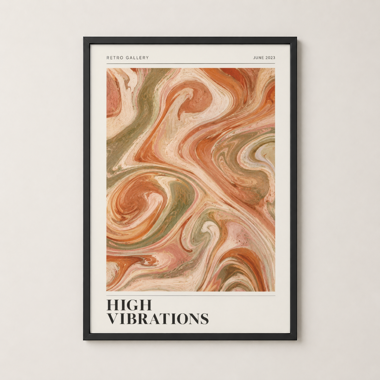 Siyah çerçeveli sanat tablosu, sıvı mermer soyut deseni ve retro galerisi stiliyle şık iç mekanı tamamlayan dekoratif poster.