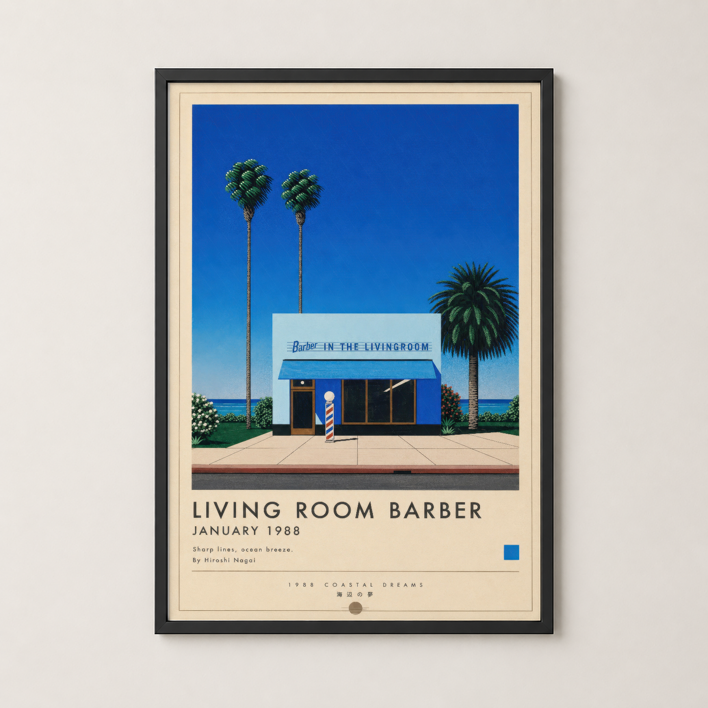 Living Room Barber tablosu siyah çerçevede, sahil temalı vintage poster tasarımı.