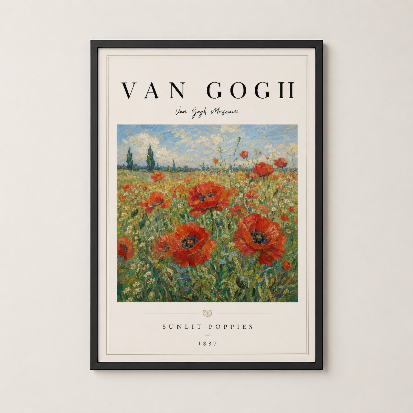 Van Gogh'un ikonik Sunlit Poppies tablosu, şık siyah çerçevede sergilenen sanat posterinin zarif sunumu.