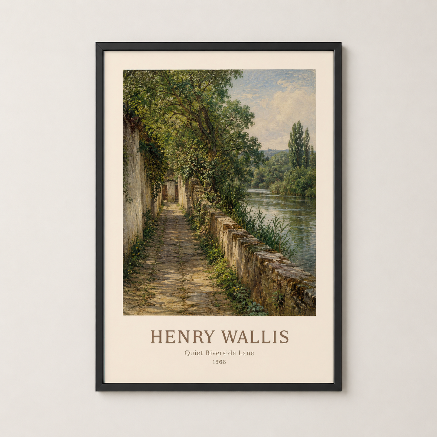 Siyah çerçeveli duvar tablosu, nehir kenarında eski bir yolun sakinliğini tasvir eden Henry Wallis sanat baskısı.